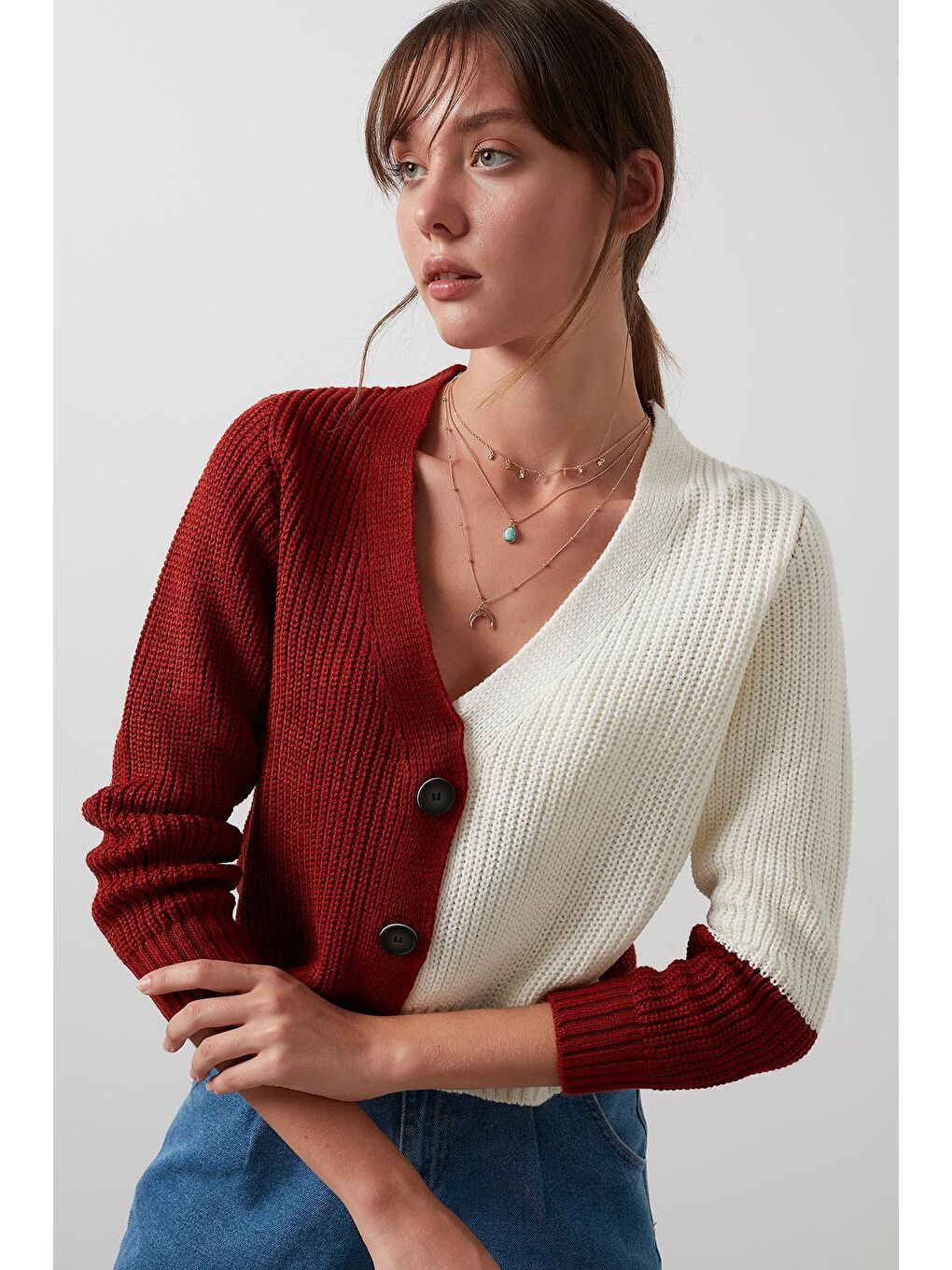 Ekru % 100 Soft Akrilik Renk Bloklu Triko Örme Hırka 4615043-2