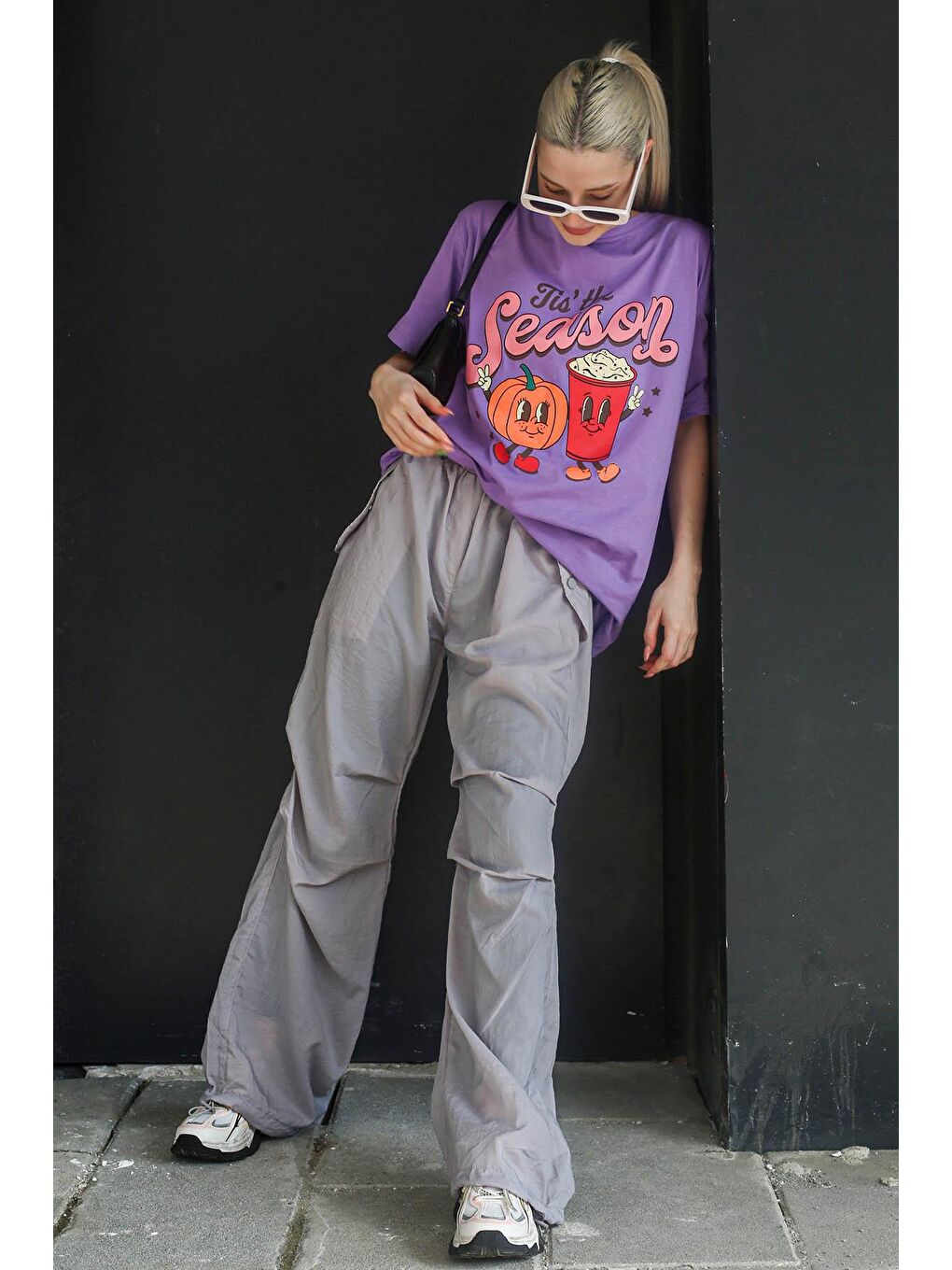 Lila Baskılı Bisiklet Yaka Kadın Tişört Mg1776-2