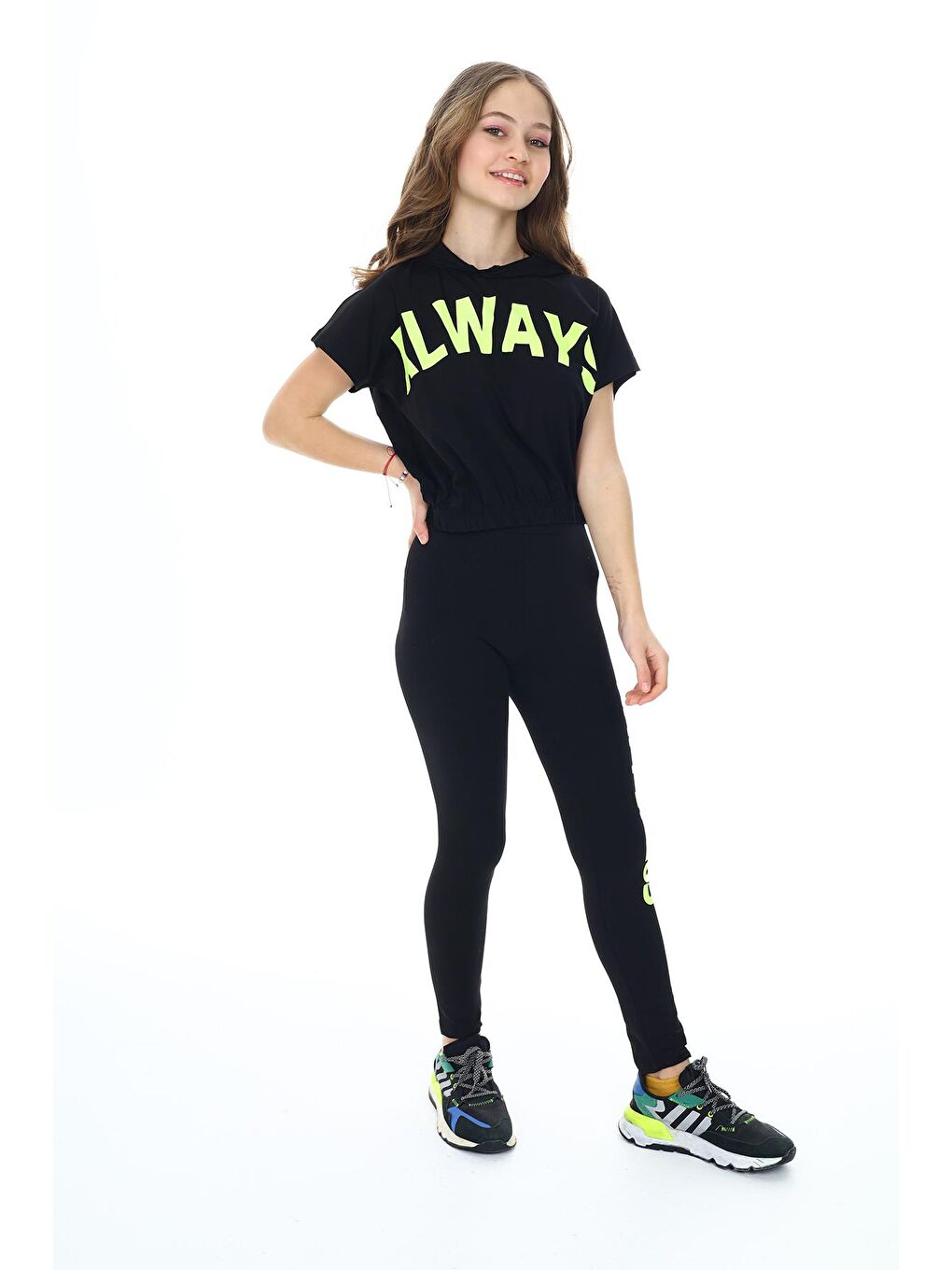 Siyah Kız Çocuk Taytlı-Kapüşonlu-Alt/Üst Takım 9-14 Yaş 8004-1