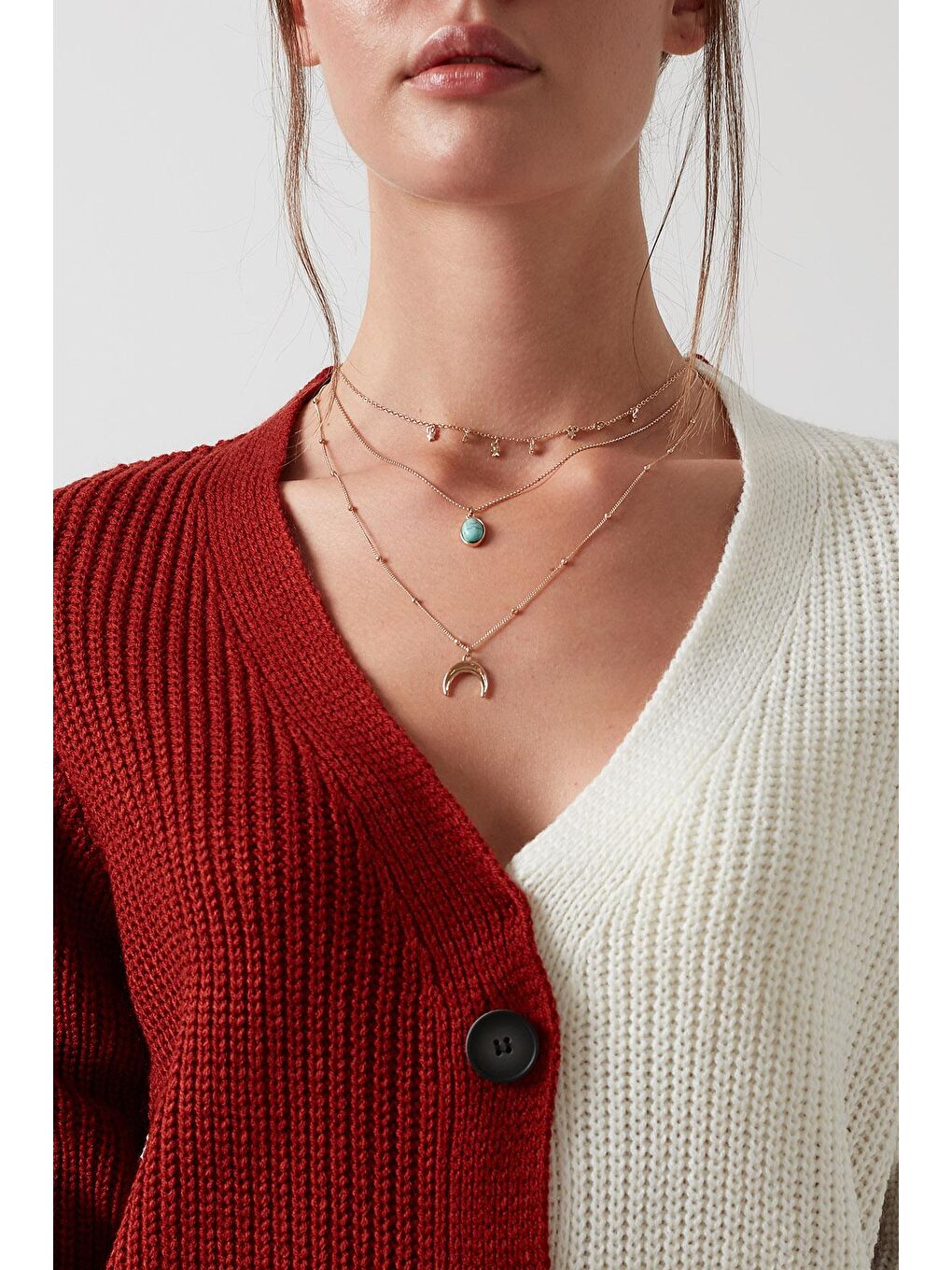 Ekru % 100 Soft Akrilik Renk Bloklu Triko Örme Hırka 4615043-3