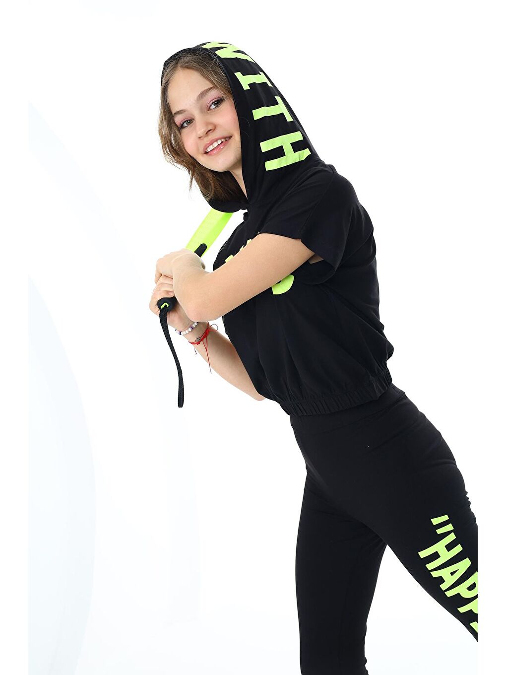 Siyah Kız Çocuk Taytlı-Kapüşonlu-Alt/Üst Takım 9-14 Yaş 8004-3