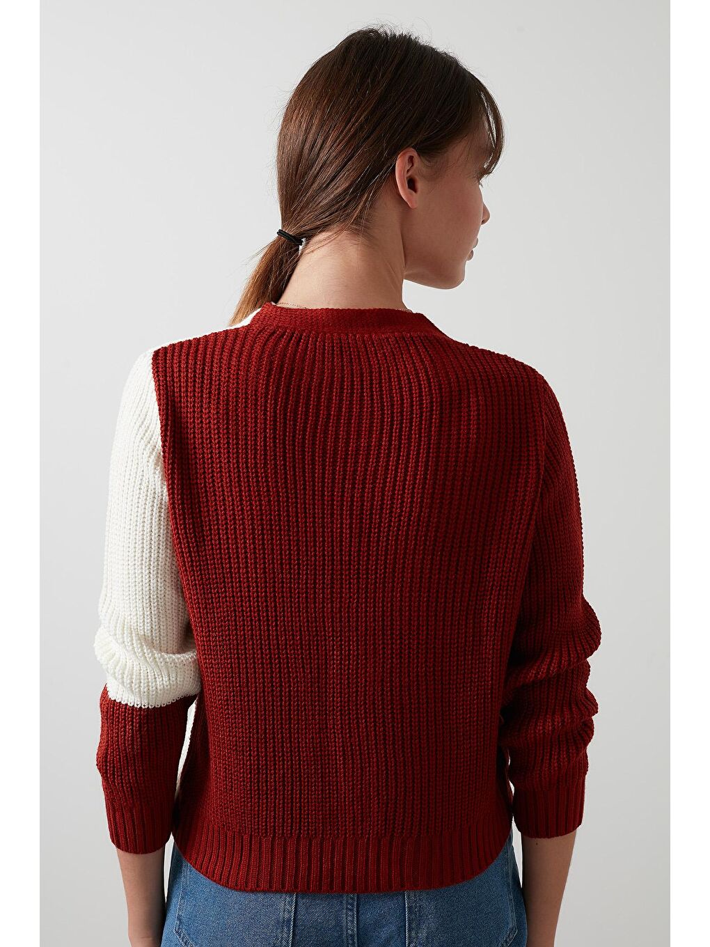 Ekru % 100 Soft Akrilik Renk Bloklu Triko Örme Hırka 4615043-4