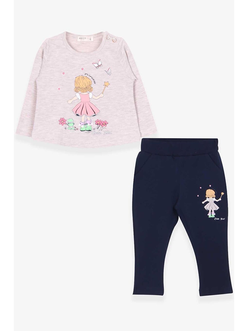 Kız Çocuk Taytlı Takım Prenses Kız Baskılı Bej Melanj (1-4 Yaş)