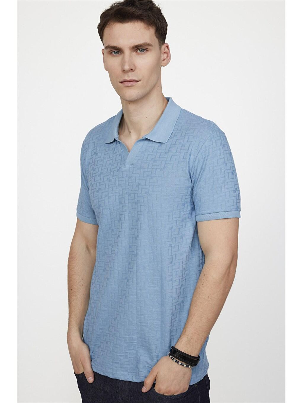 Erkek Polo V Yaka Slim Fit Düğmesiz Örme Pamuklu Mavi Tişört