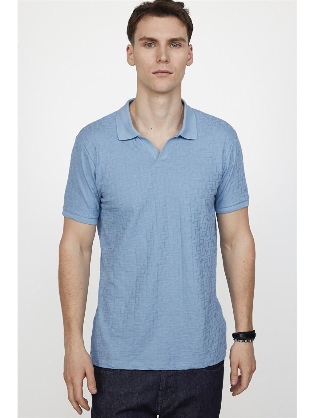 Erkek Polo V Yaka Slim Fit Düğmesiz Örme Pamuklu Mavi Tişört-1