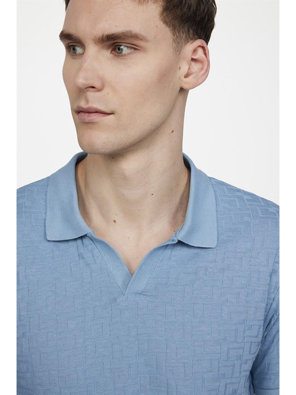 Erkek Polo V Yaka Slim Fit Düğmesiz Örme Pamuklu Mavi Tişört-2