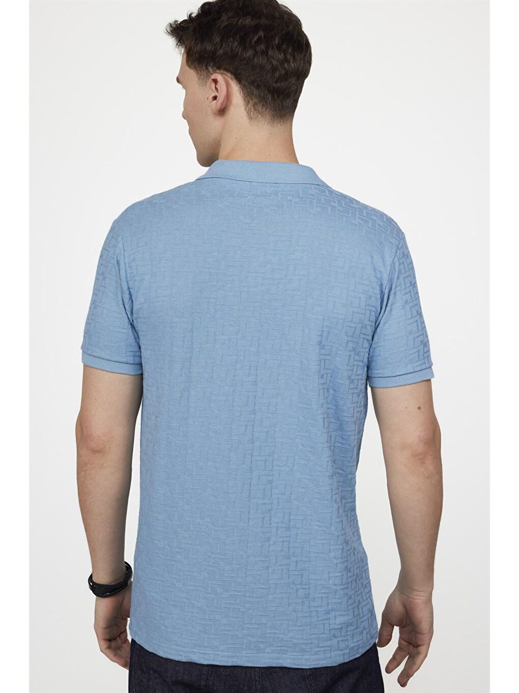 Erkek Polo V Yaka Slim Fit Düğmesiz Örme Pamuklu Mavi Tişört-3