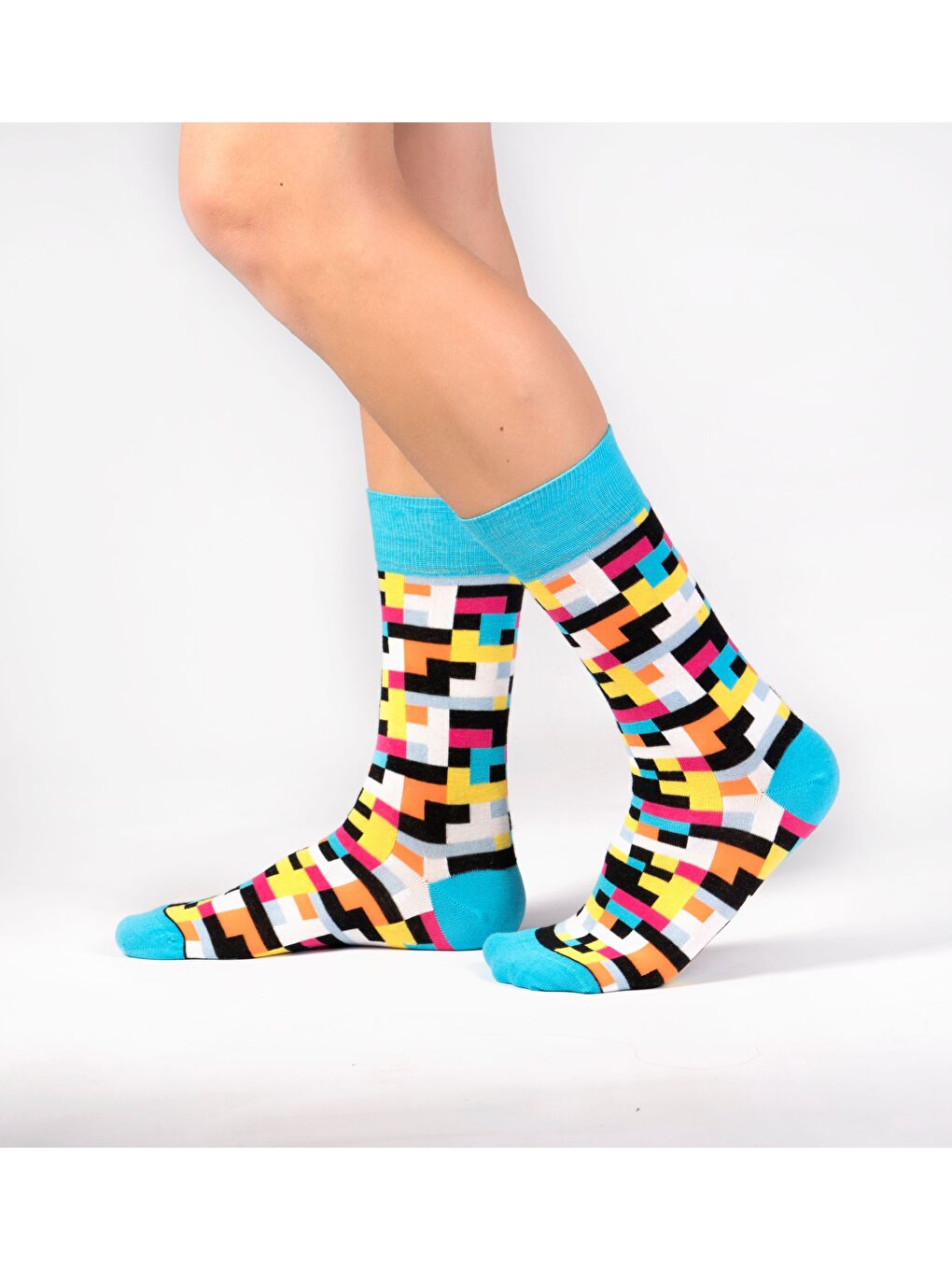 Beyaz Blok Desenli Soket Çorap