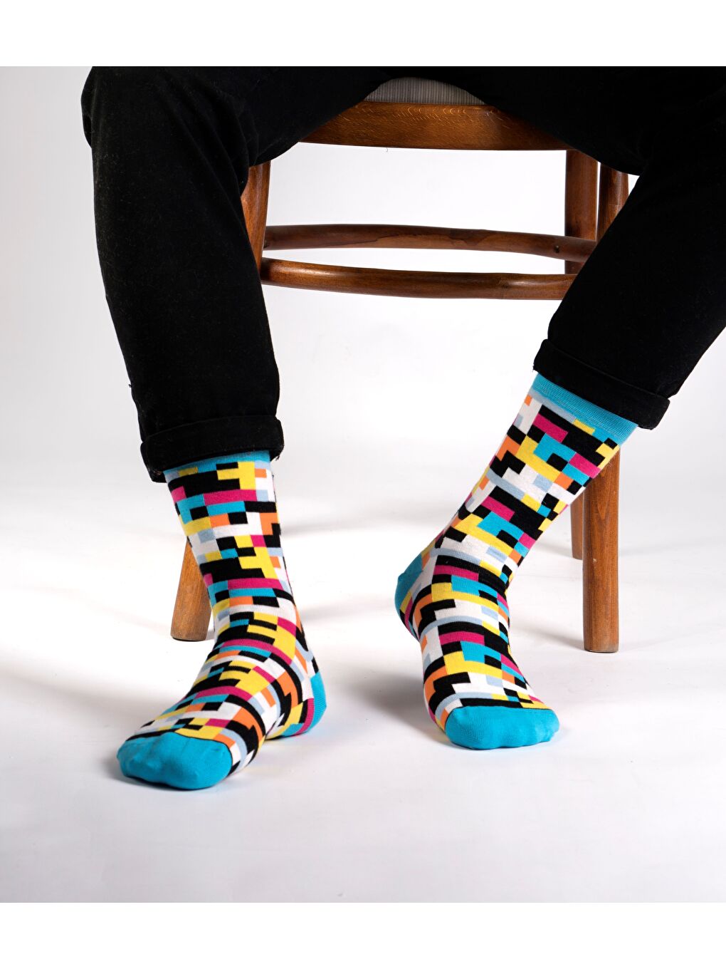 Beyaz Blok Desenli Soket Çorap-2