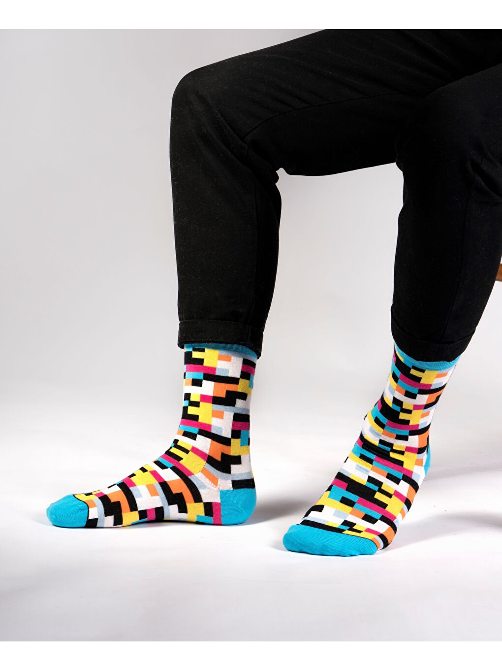 Beyaz Blok Desenli Soket Çorap-3