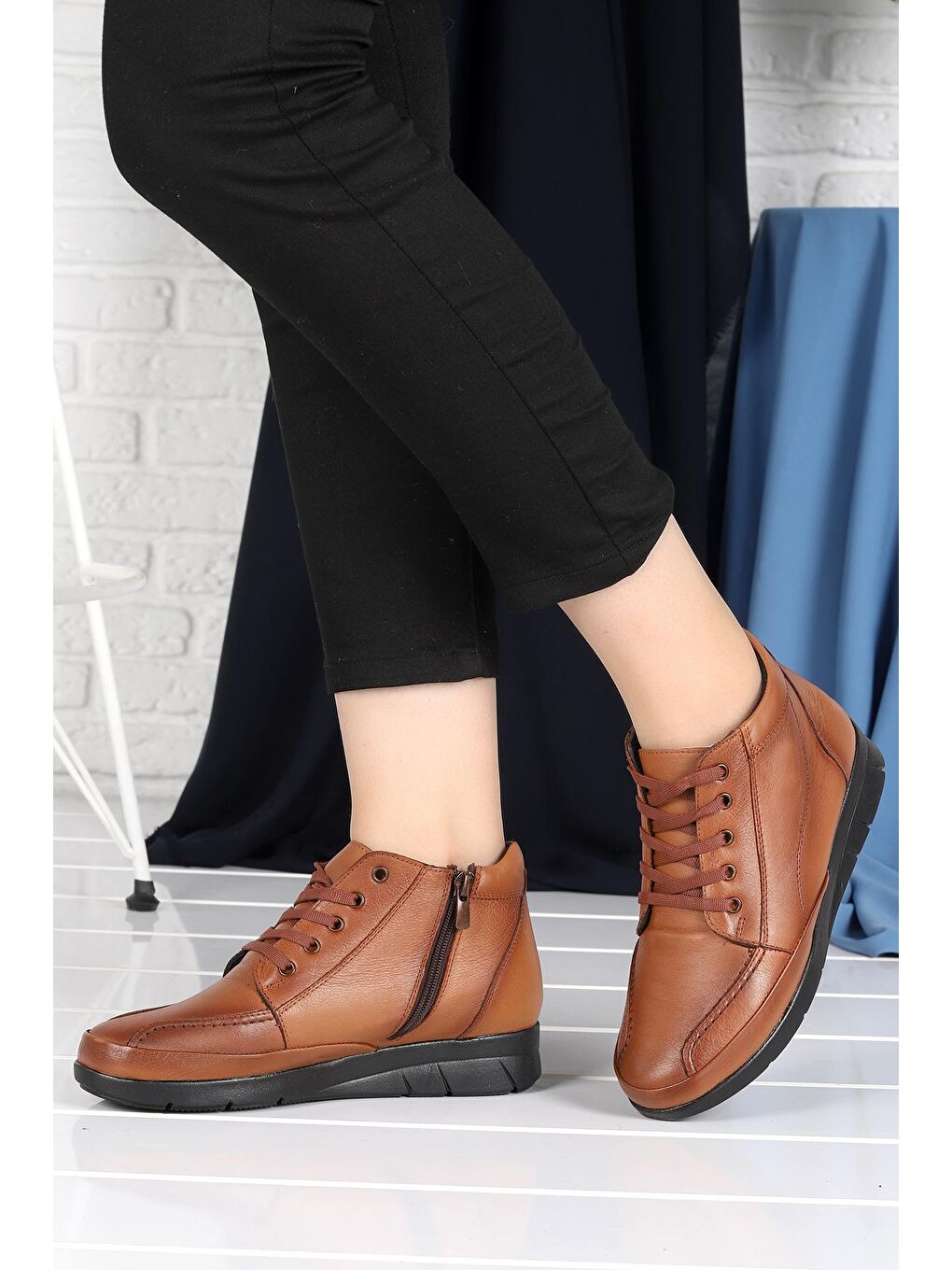 Kahverengi 301 Deri Bağcıklı Günlük Kauçuk Taban Anne Bot Ayakkabı-1