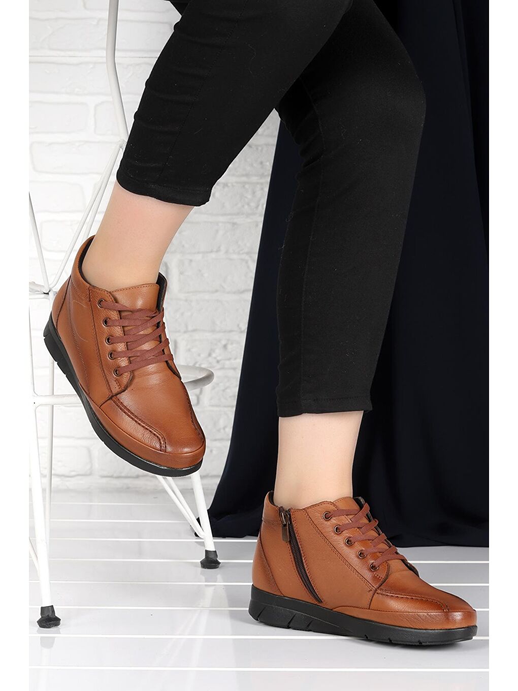 Kahverengi 301 Deri Bağcıklı Günlük Kauçuk Taban Anne Bot Ayakkabı-2