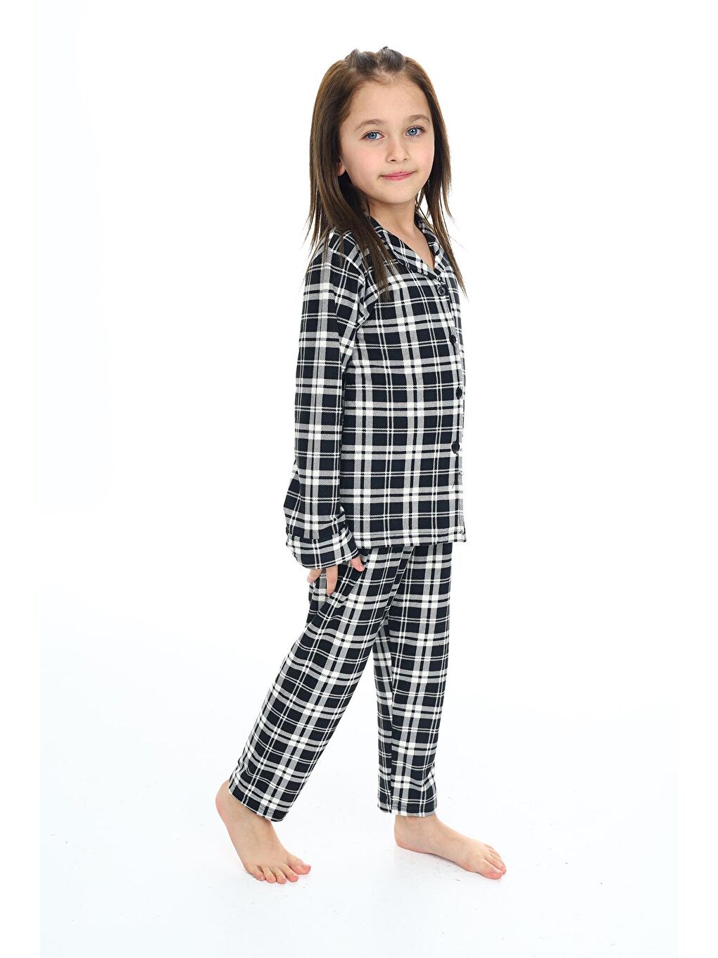 EFTELYA Beyaz-Siyah Kız Çocuk Ekose Pijama Takımı - 3