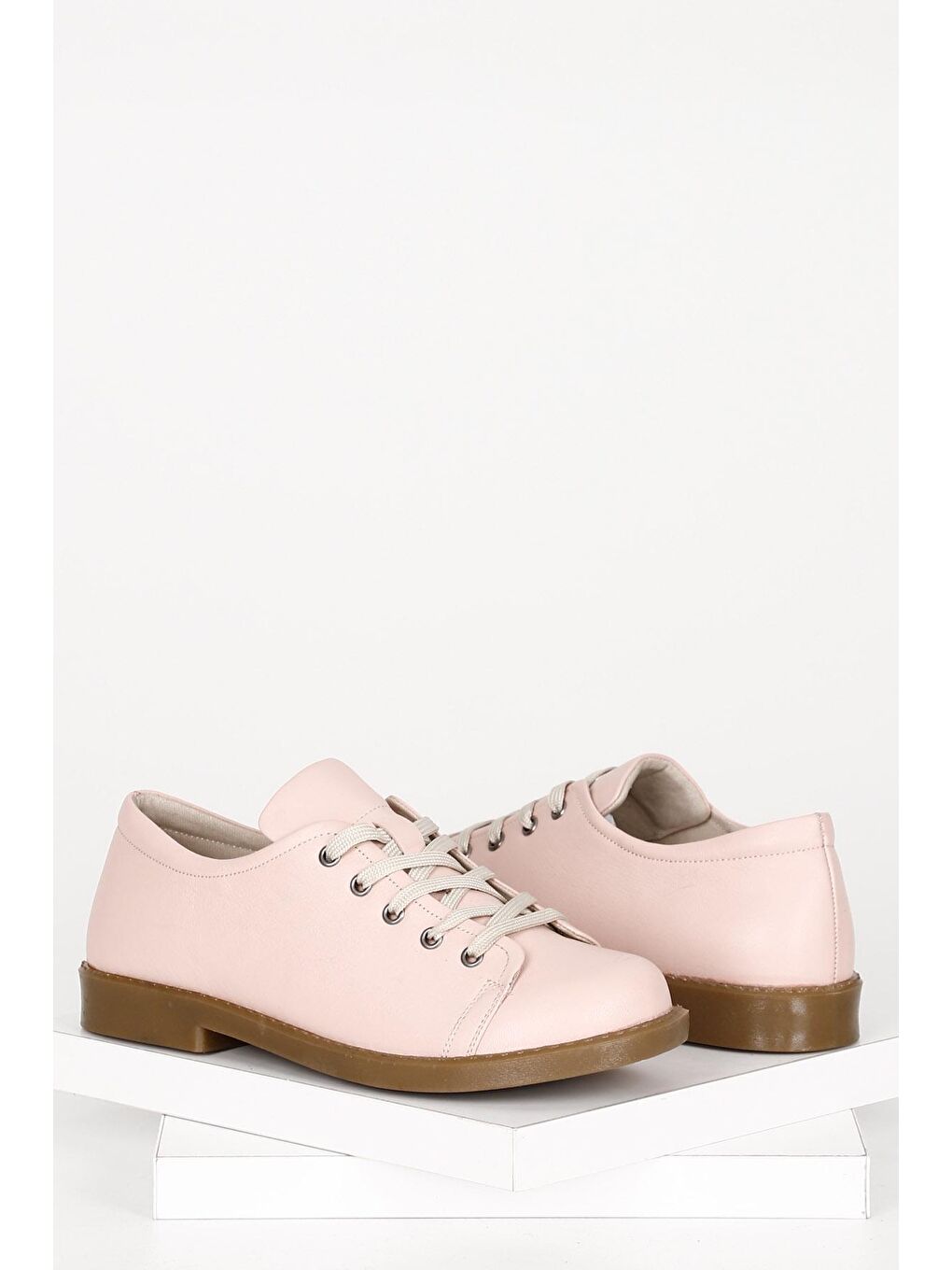 Pembe PUDRA PEMBE  Hakiki Deri Yuvarlak Burun Kauçuk Taban Bağcıklı Kadın Günlük Ayakkabı 24242