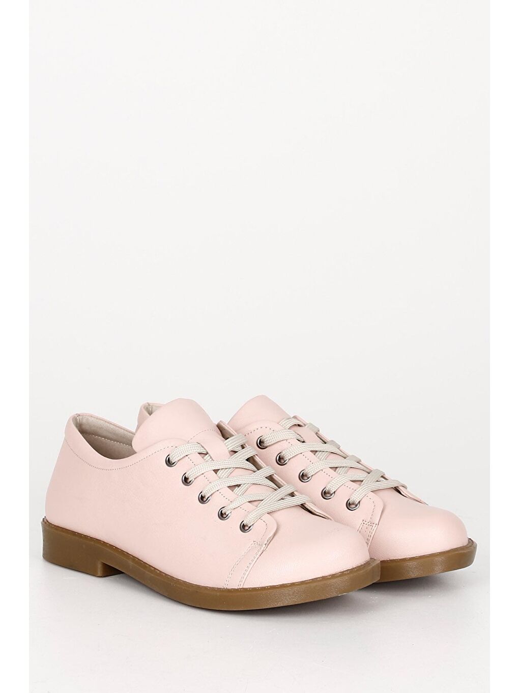 Pembe PUDRA PEMBE  Hakiki Deri Yuvarlak Burun Kauçuk Taban Bağcıklı Kadın Günlük Ayakkabı 24242-1