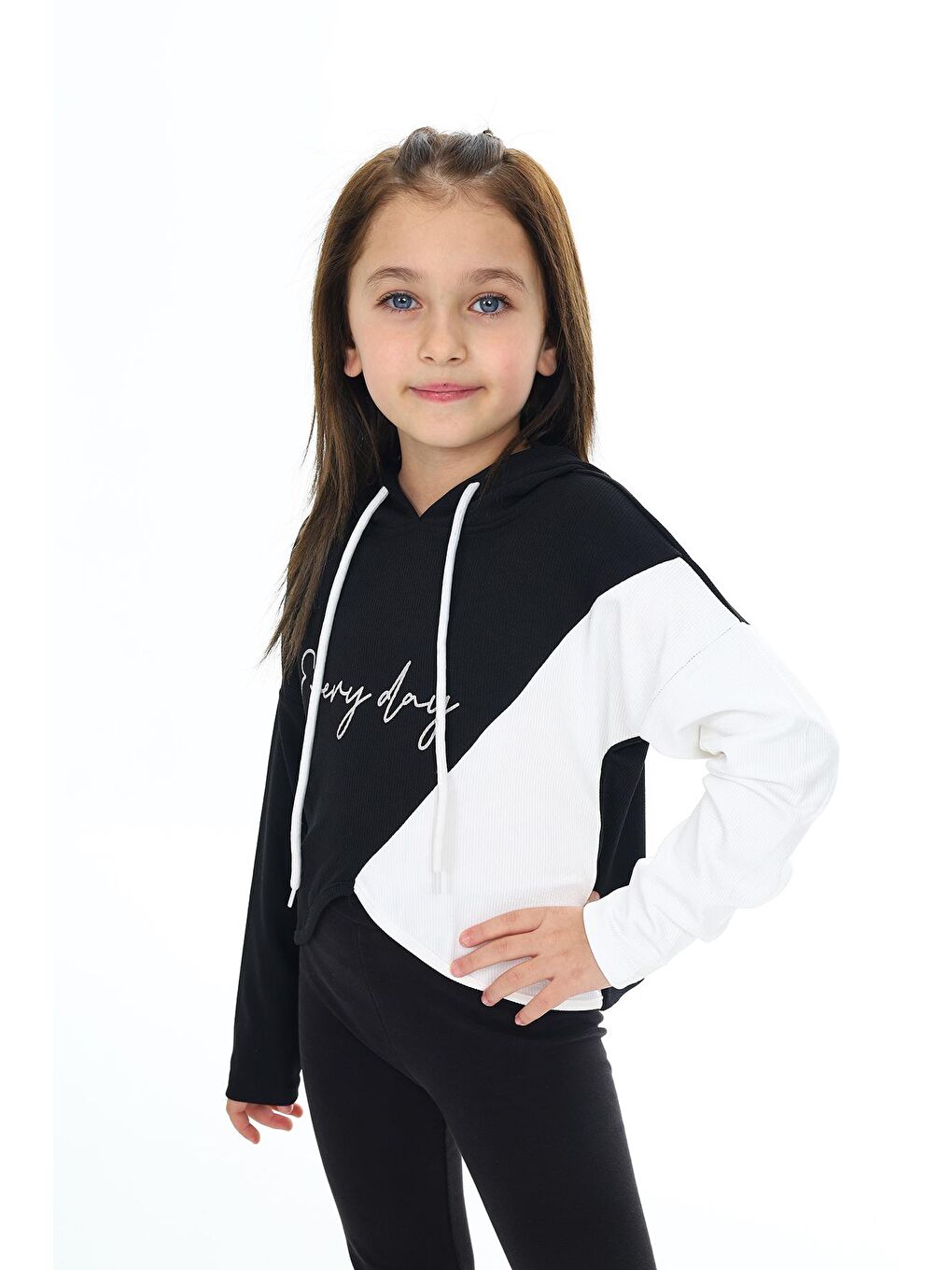 Siyah Kız Çocuk Crop Sweatshirt-Kapüşonlu-Garnili 6-13 Yaş 9332