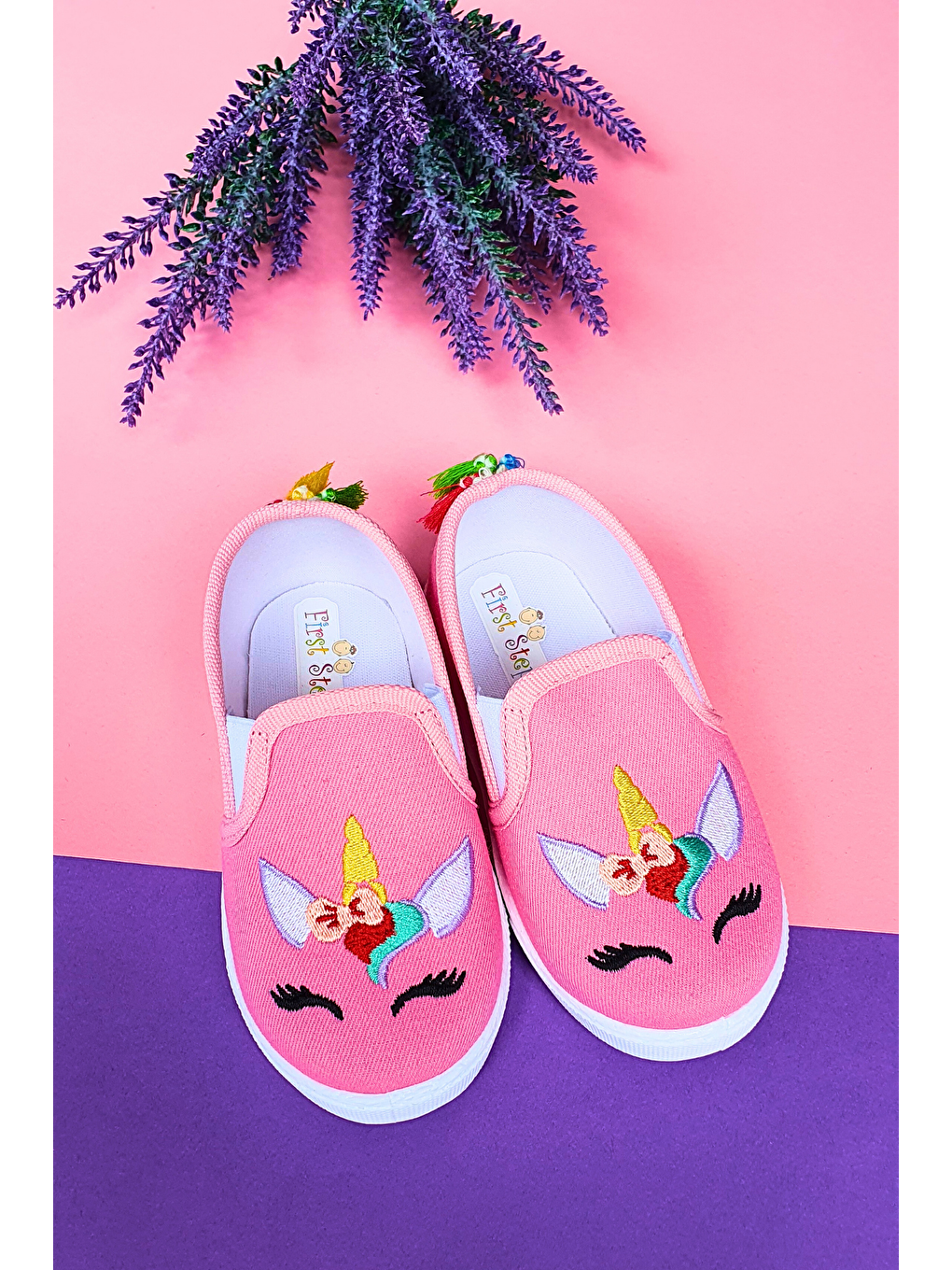 First Step Unicorn Nakışlı Çocuk Keten Babet Ayakkabı-Pembe-F-492