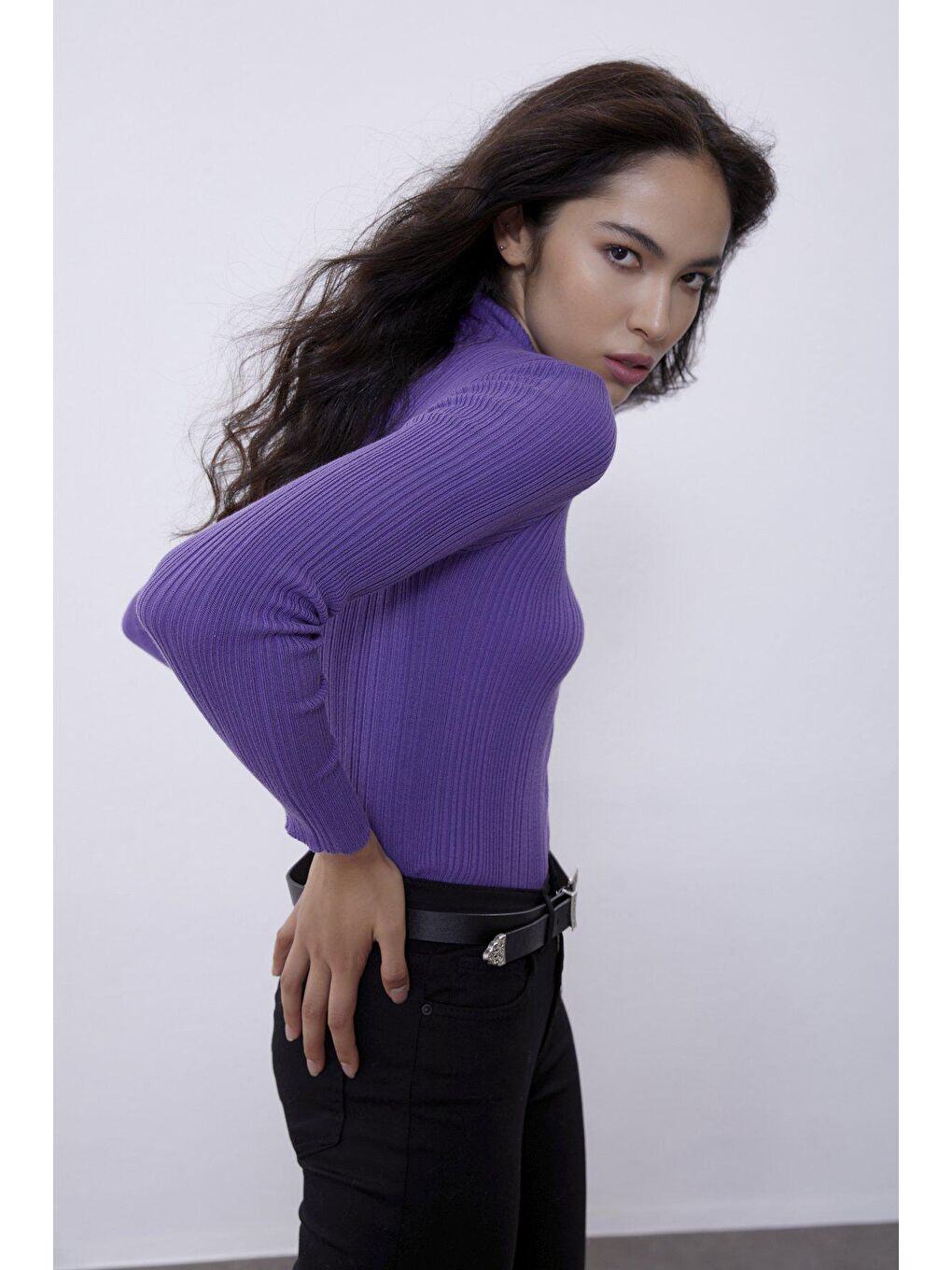 Mor Dar Kalıp Fitilli Boğazlı Triko Kazak SWK4469MO-3