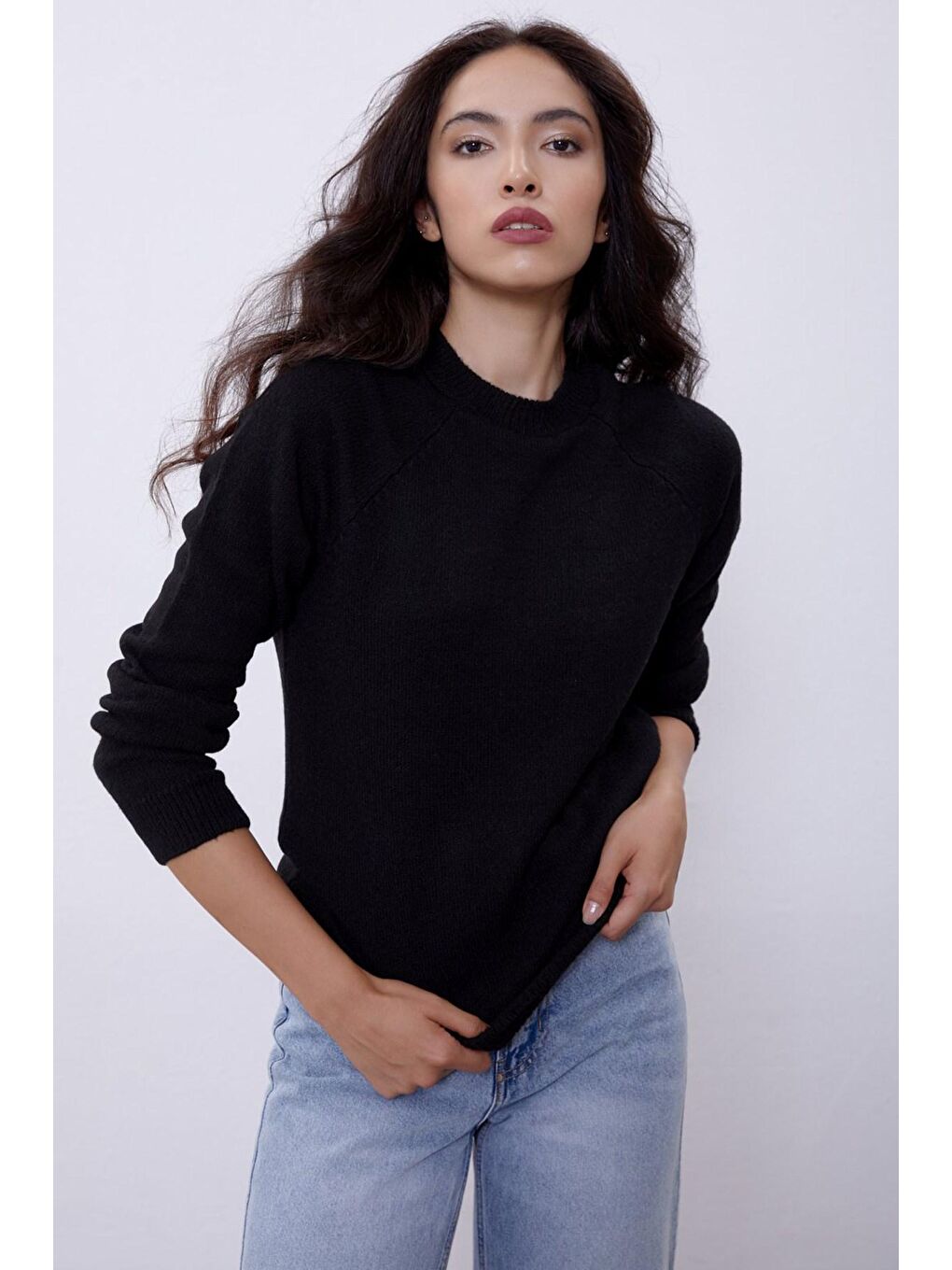 Siyah Bisiklet Yaka İtalyan Reglan Kazak SWK4303Sİ