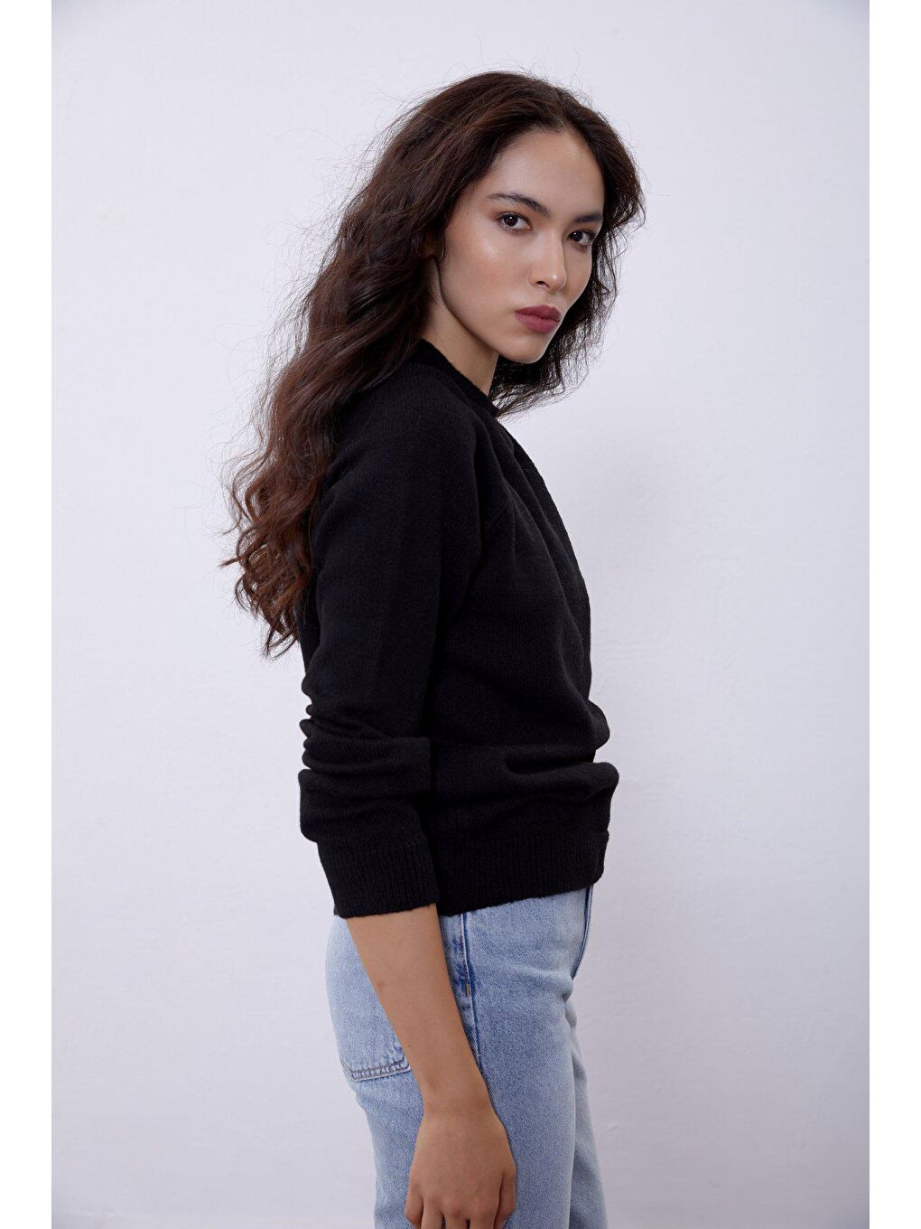 Siyah Bisiklet Yaka İtalyan Reglan Kazak SWK4303Sİ-3