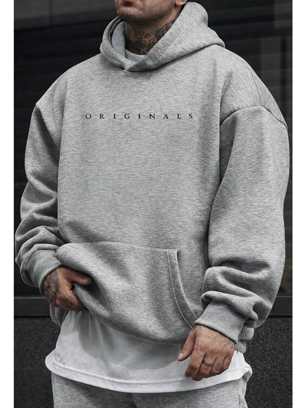 Gri Originals Baskılı Kapüşonlu Oversize Sweatshirt