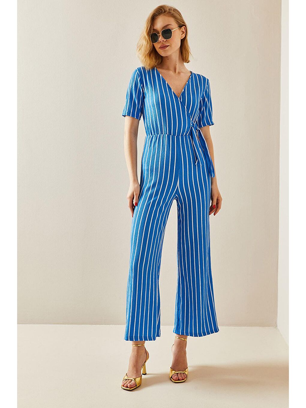 Turkuaz Kruvaze Yaka Çizgili Tulum 3YXK6-47315-13