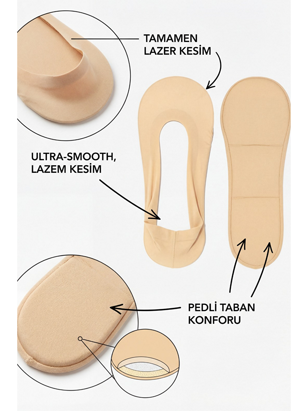 Bej Kadın Tabanı Pedli Lazer Kesim Görünmez Çorap Ten-3
