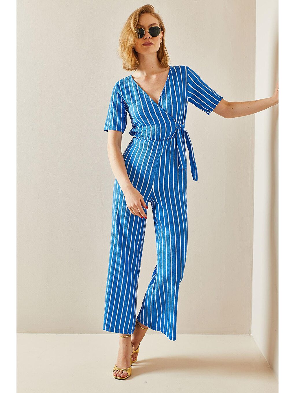 Turkuaz Kruvaze Yaka Çizgili Tulum 3YXK6-47315-13-1