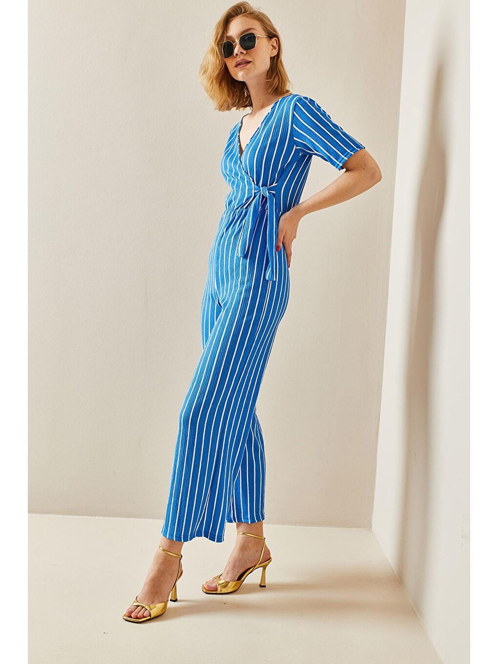 Turkuaz Kruvaze Yaka Çizgili Tulum 3YXK6-47315-13-2