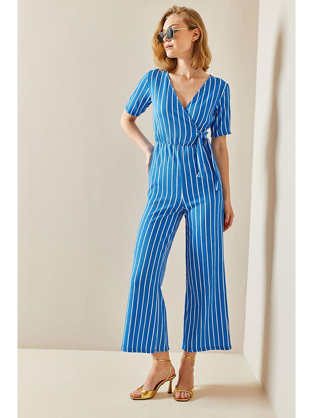 Turkuaz Kruvaze Yaka Çizgili Tulum 3YXK6-47315-13-3