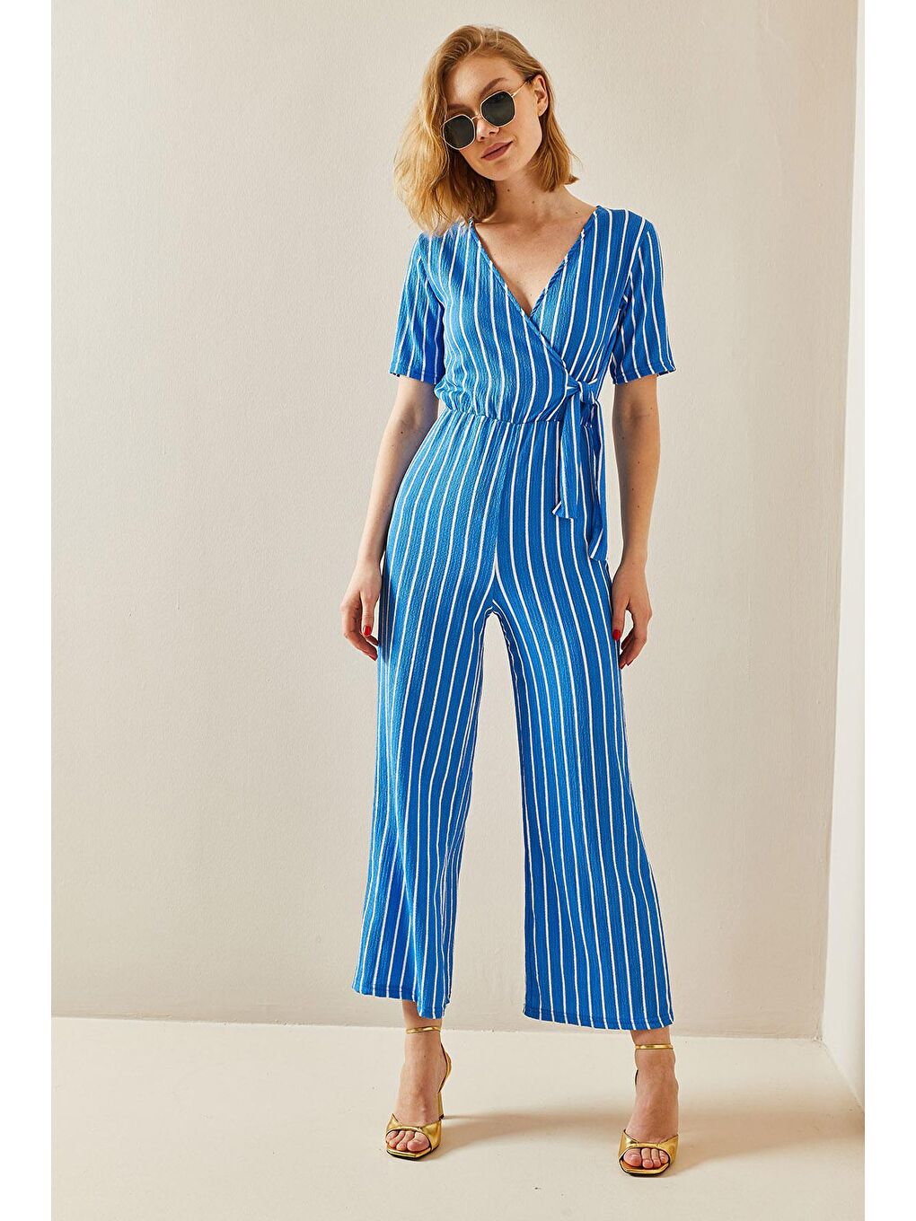 Turkuaz Kruvaze Yaka Çizgili Tulum 3YXK6-47315-13-4