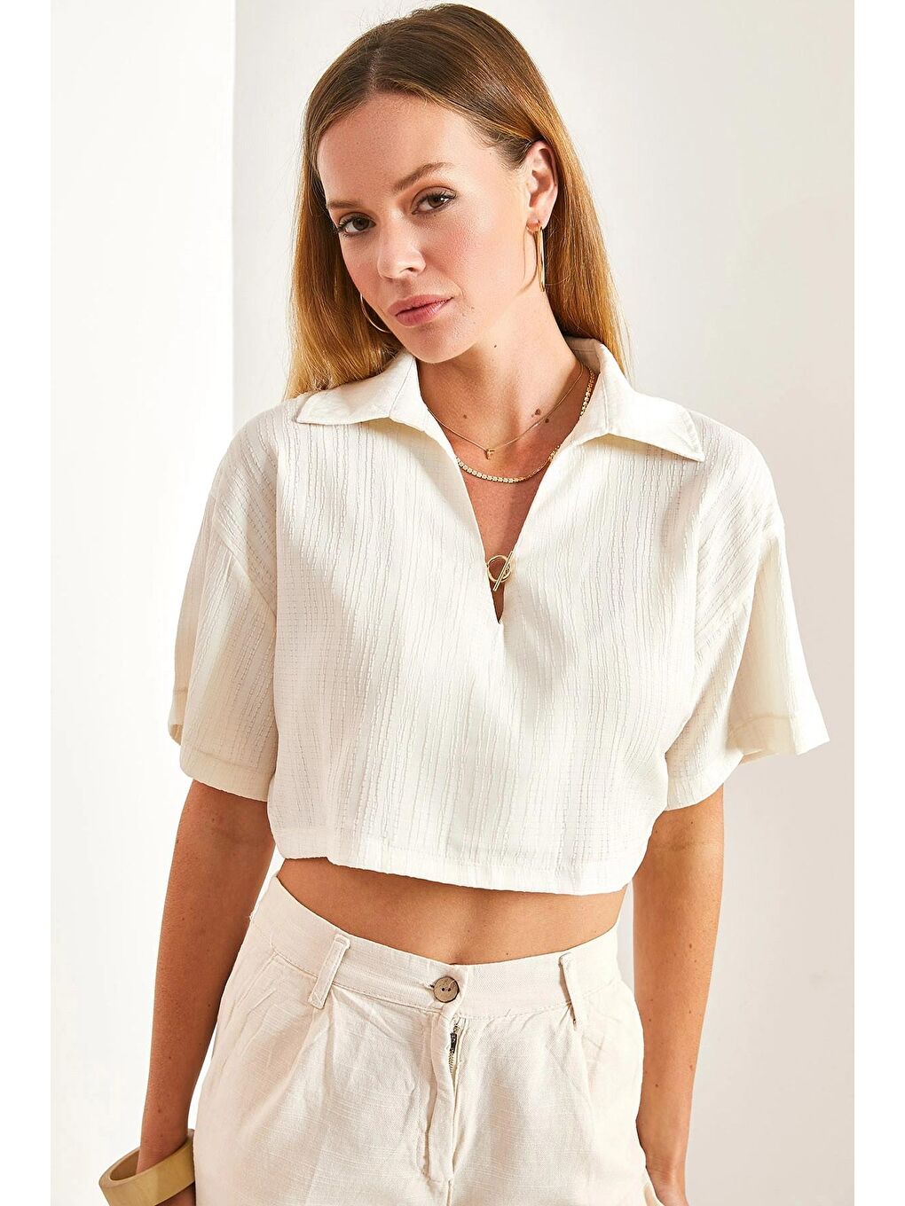 Ekru Kadın Crop Pamuk Krinkıl Bluz