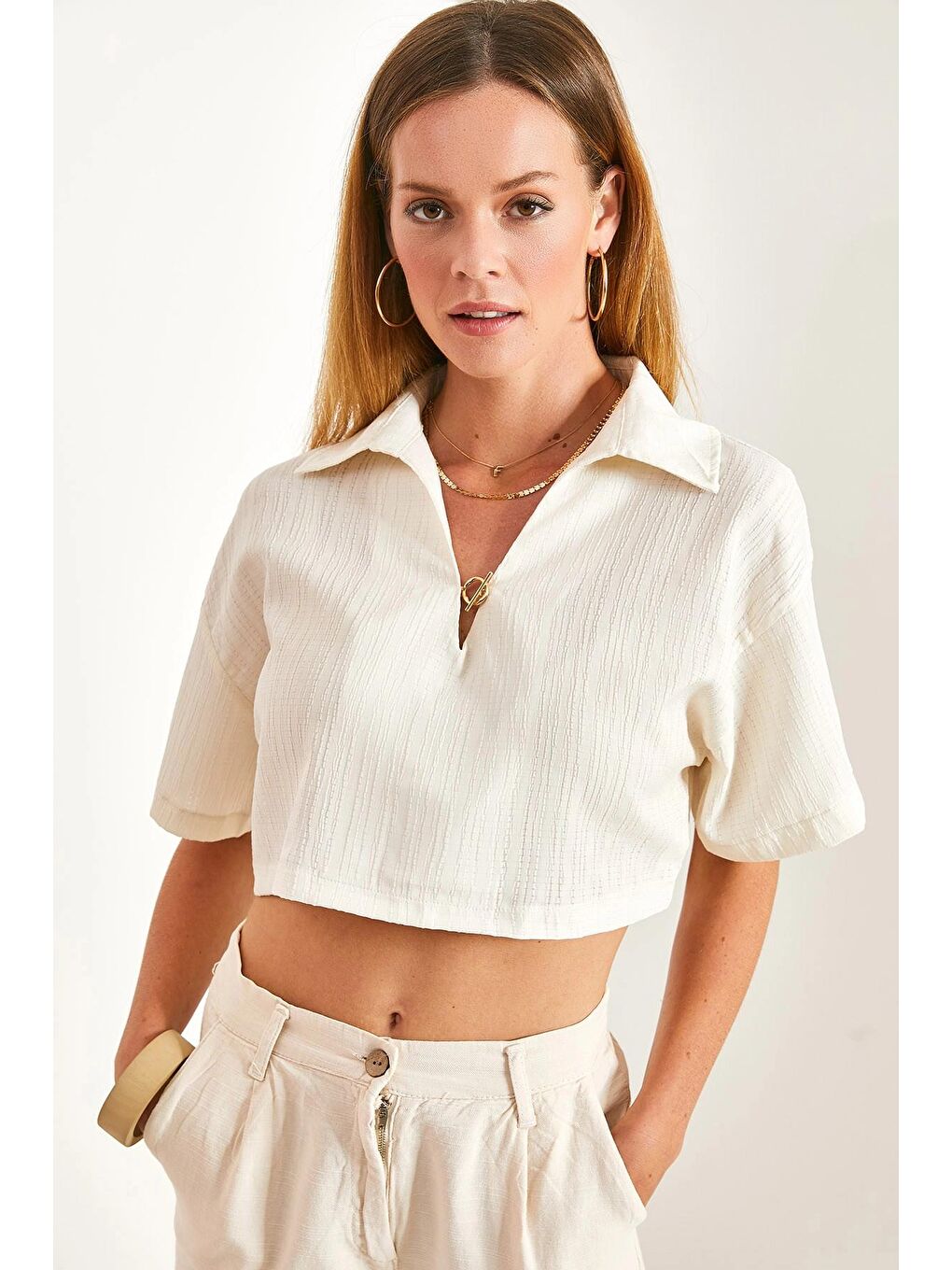 Ekru Kadın Crop Pamuk Krinkıl Bluz-1