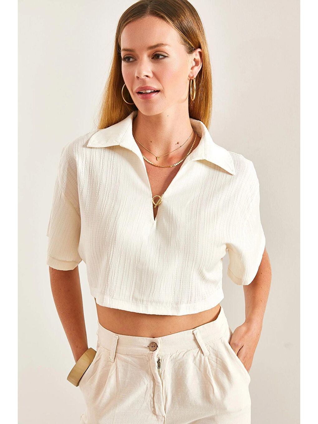 Ekru Kadın Crop Pamuk Krinkıl Bluz-3