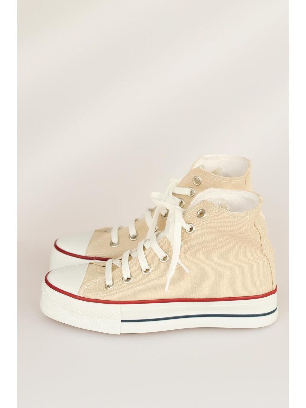 Bej Bağcıklı Kalın Taban Bilekte Keten Kadın Sneaker 10-8888-22-3