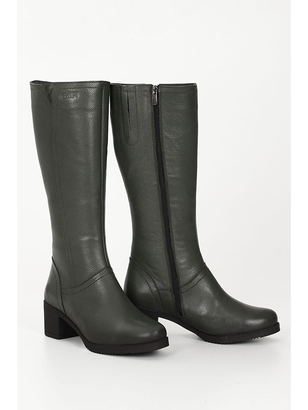 HAKİ  Hakiki Deri Yuvarlak Burun Kauçuk Taban Topuklu Fermuarlı Kadın Günlük Çizme 46529