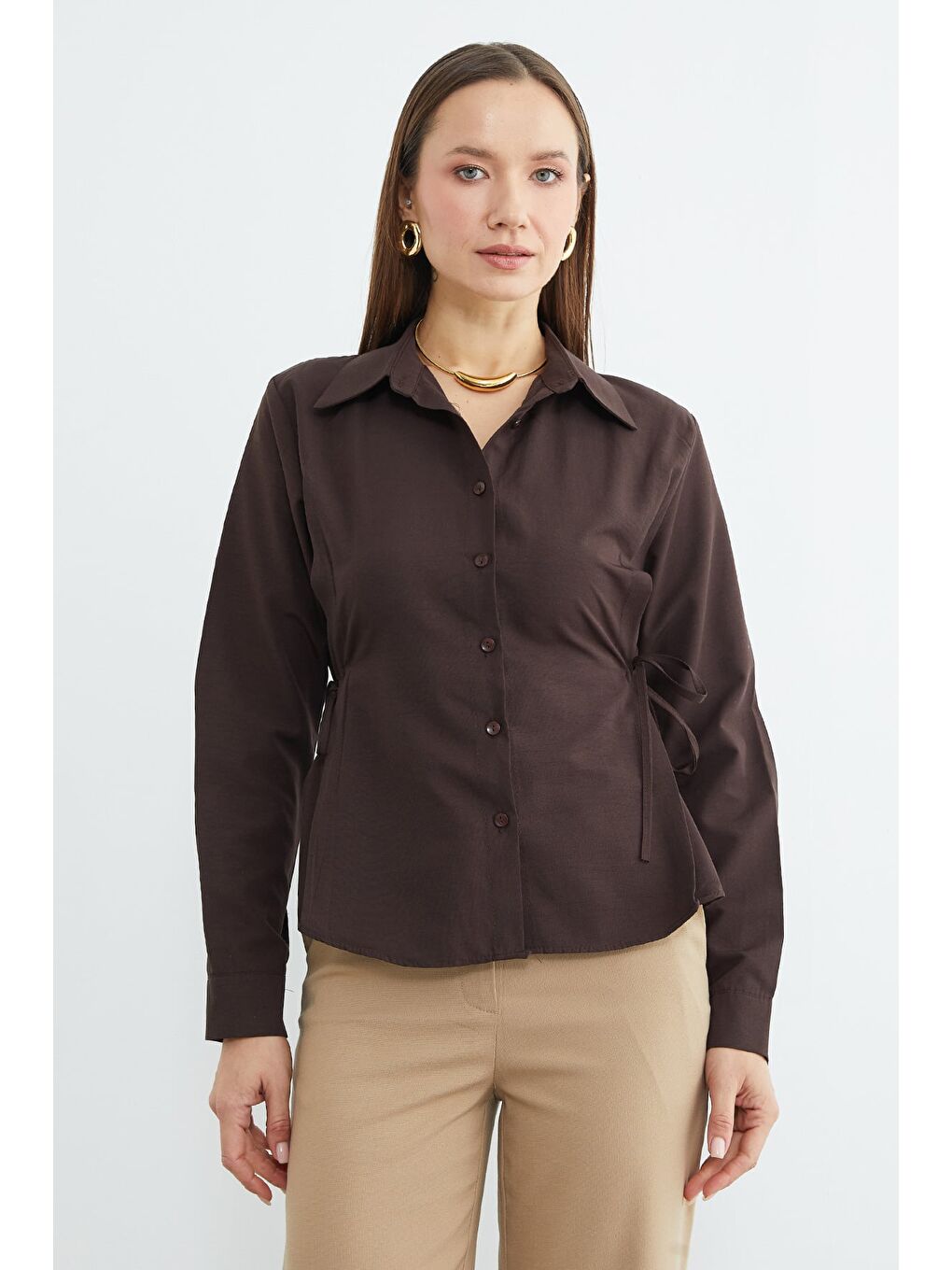 Kahverengi Basic Yanı Bağlama Detaylı Gömlek