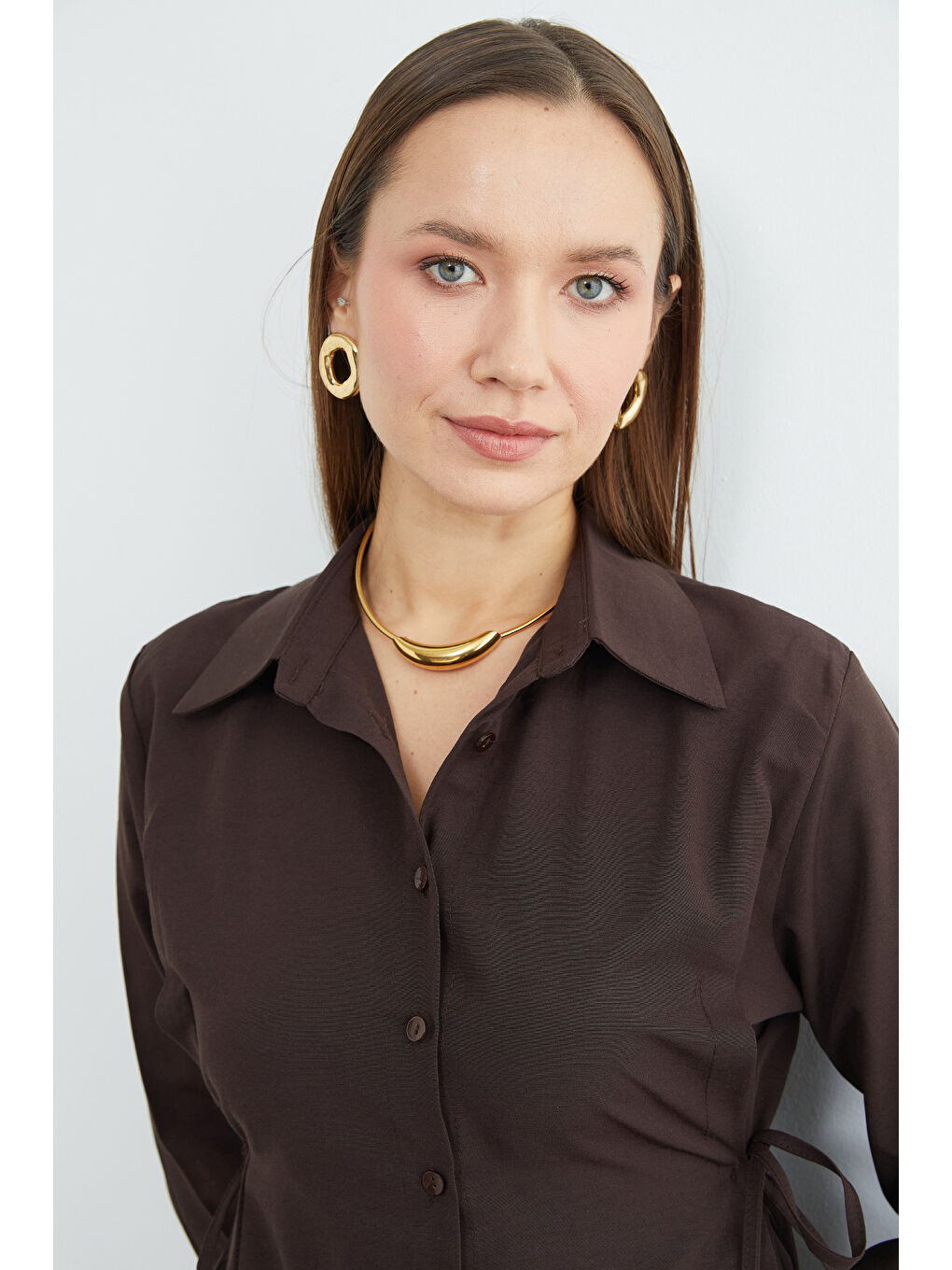 Kahverengi Basic Yanı Bağlama Detaylı Gömlek-2