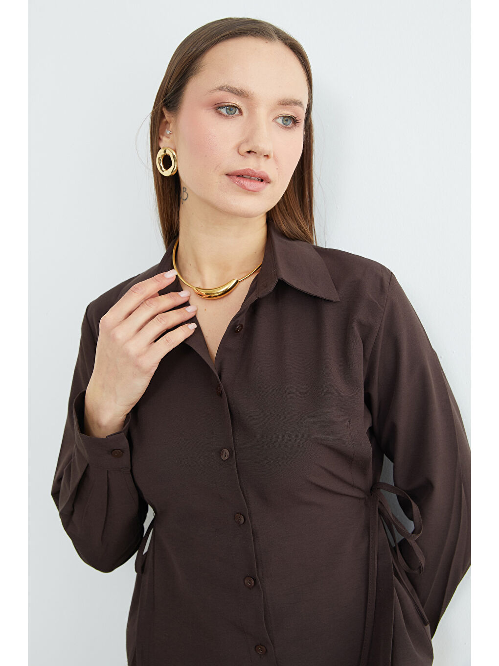 Kahverengi Basic Yanı Bağlama Detaylı Gömlek-3