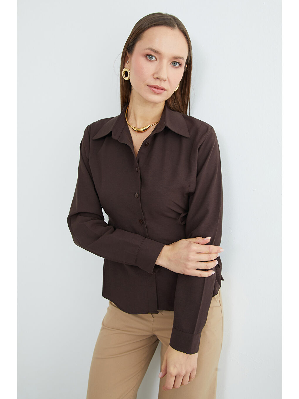 Kahverengi Basic Yanı Bağlama Detaylı Gömlek-4