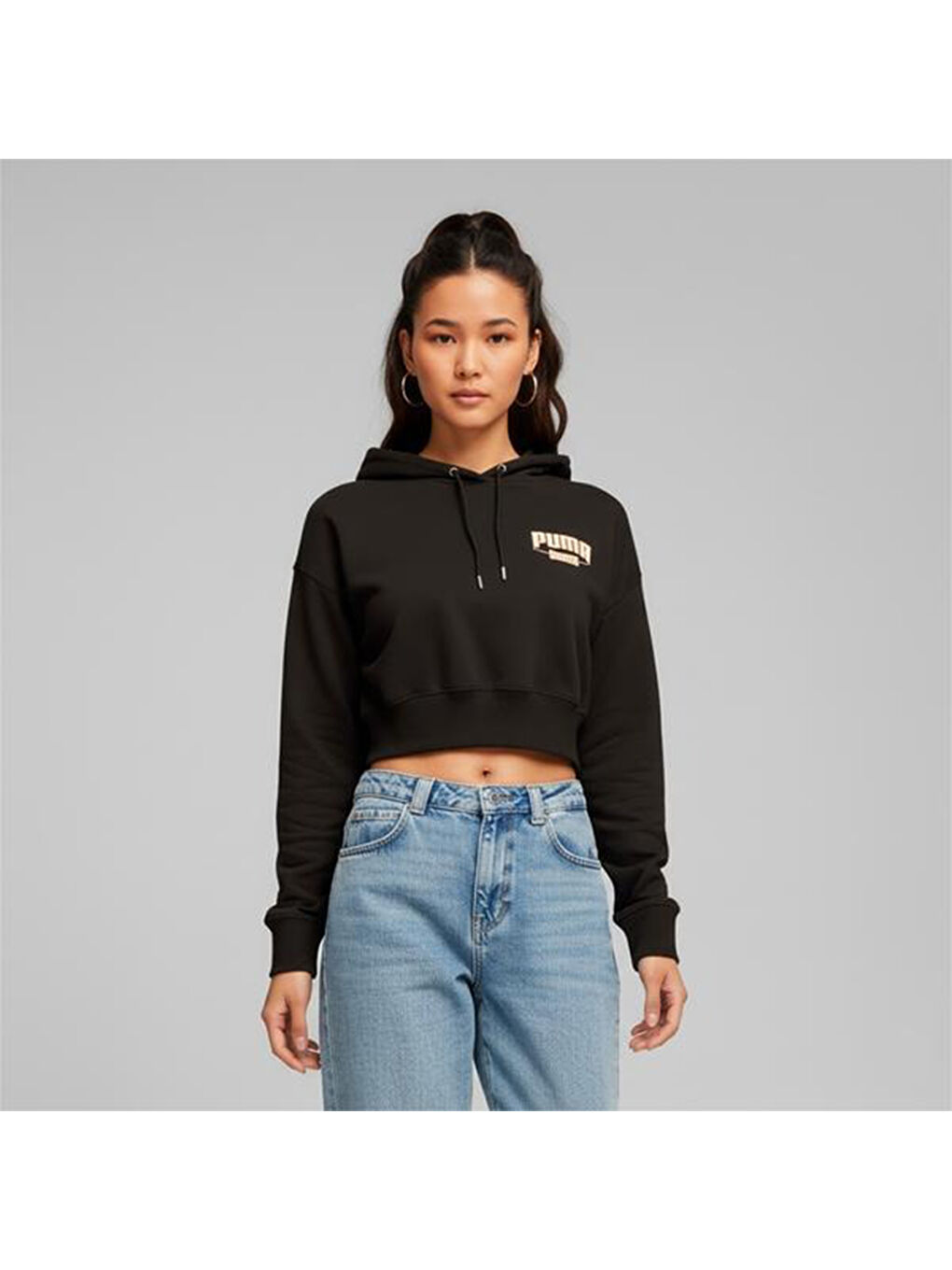 Team Cropped Kadın Siyah Kapüşonlu Sweatshirt