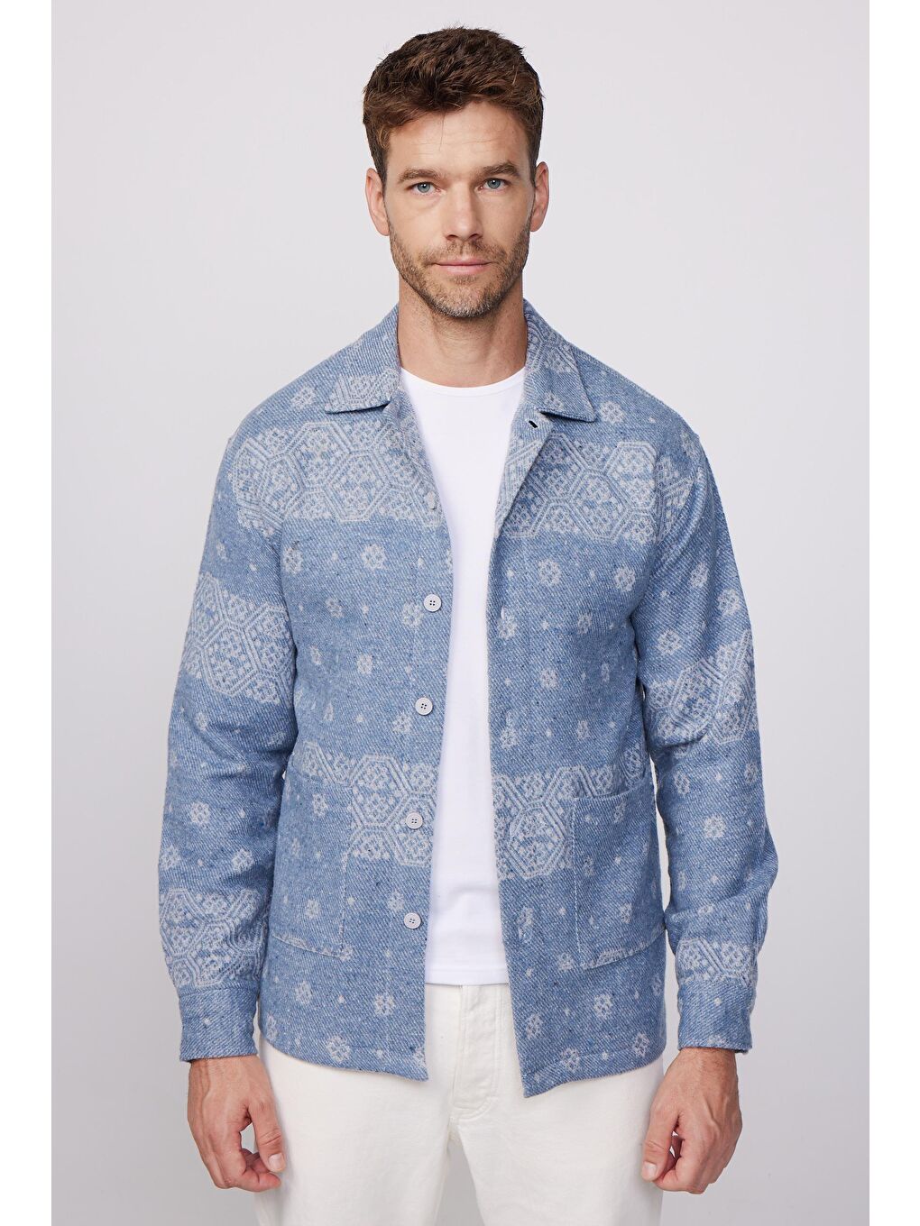 Karışık Relax Fit Etnik Desen Çift Cep Ceket Tarzı Oduncu Erkek Gömlek-1