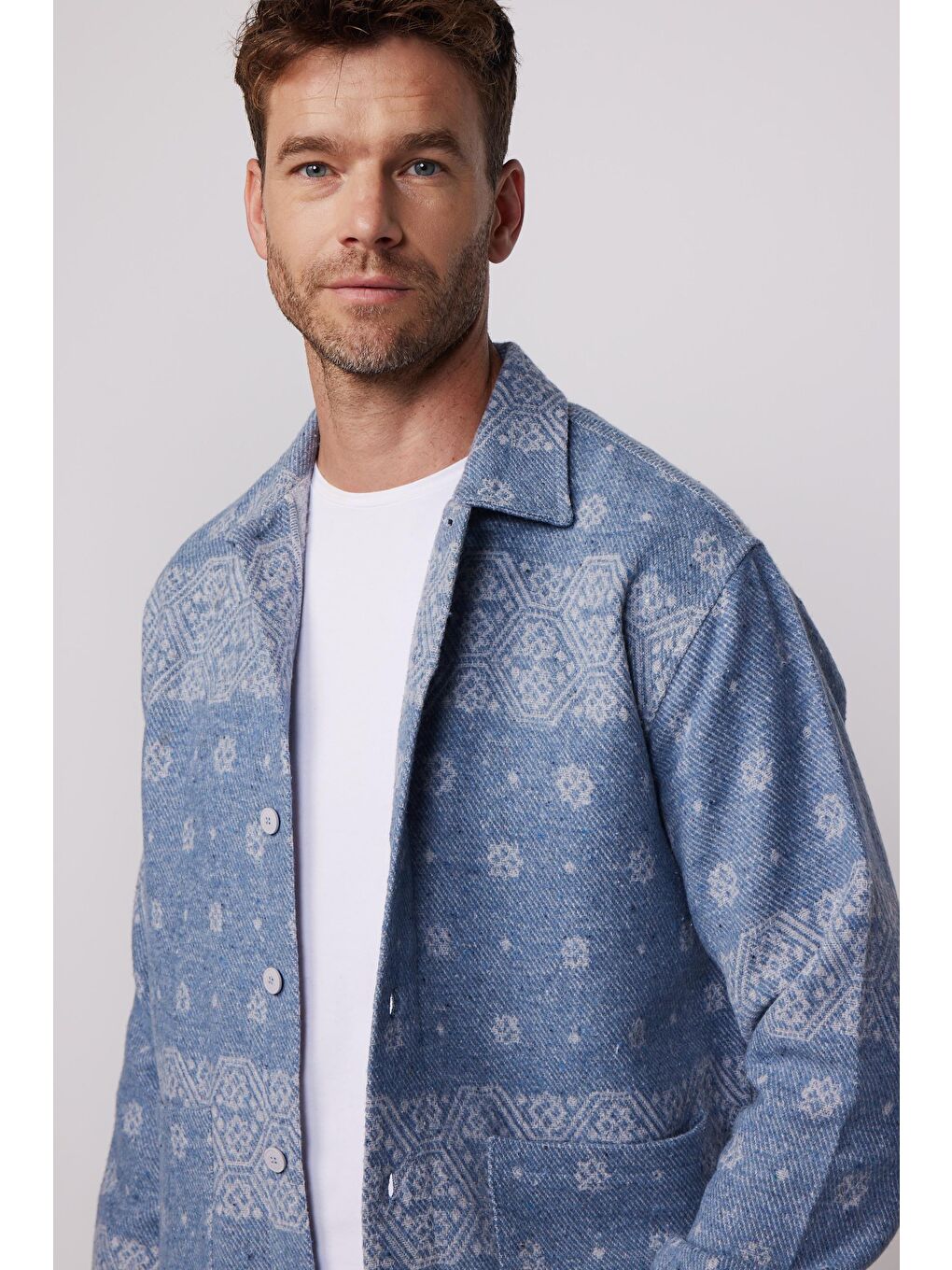 Karışık Relax Fit Etnik Desen Çift Cep Ceket Tarzı Oduncu Erkek Gömlek-2
