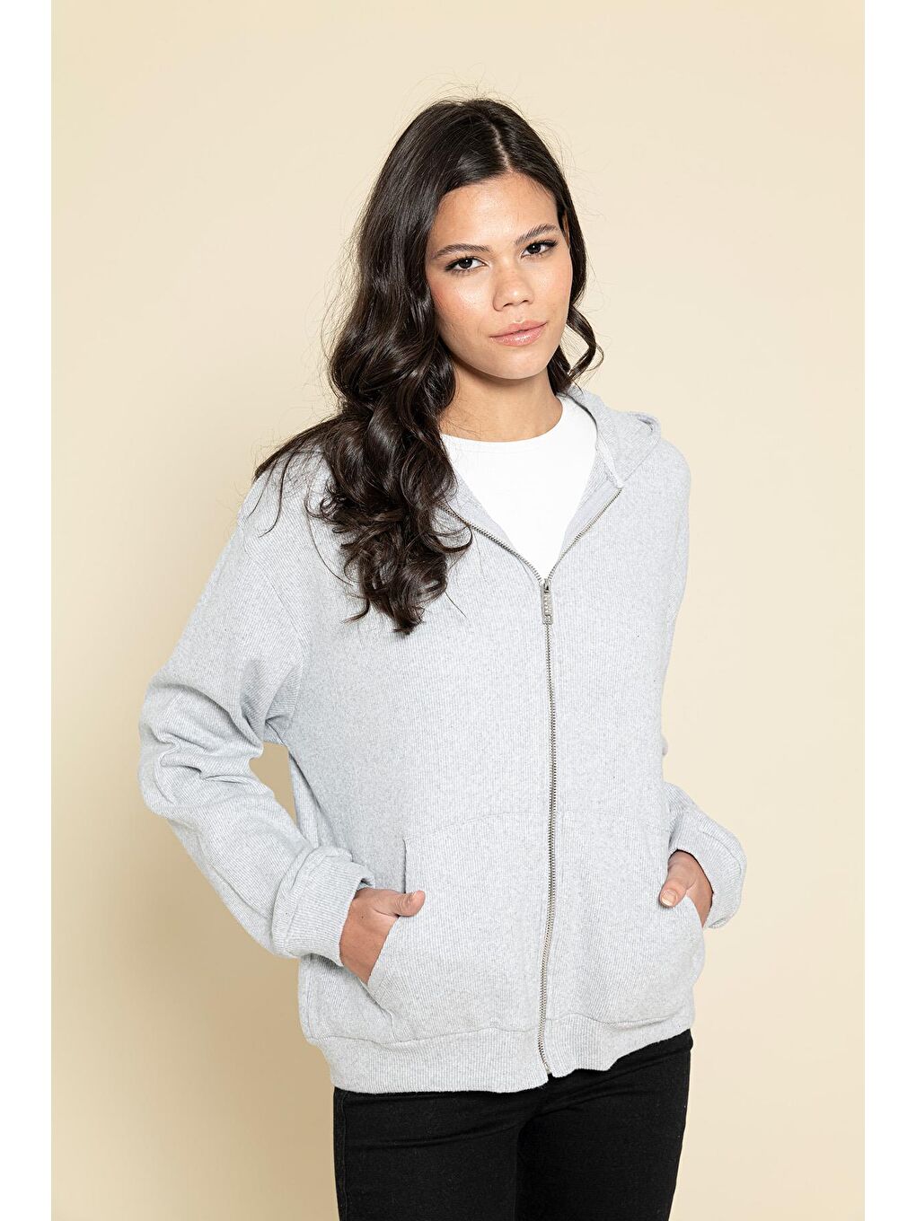 Oversize Fermuarlı Cepli Gri Sweatshirt