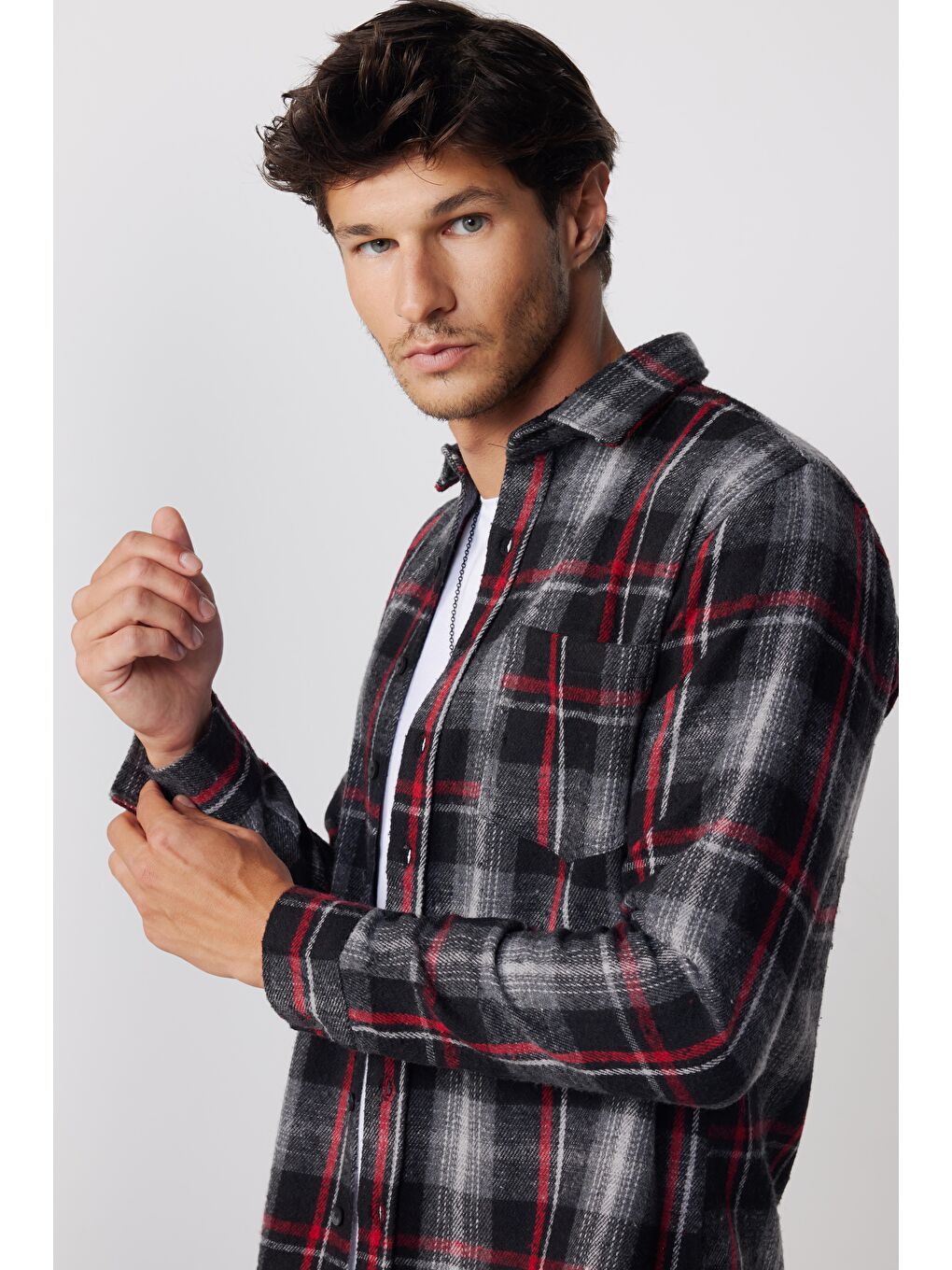 Karışık Slim Fit Kışlık Dar Kesim Kareli Tek Cepli Oduncu Erkek Gömlek