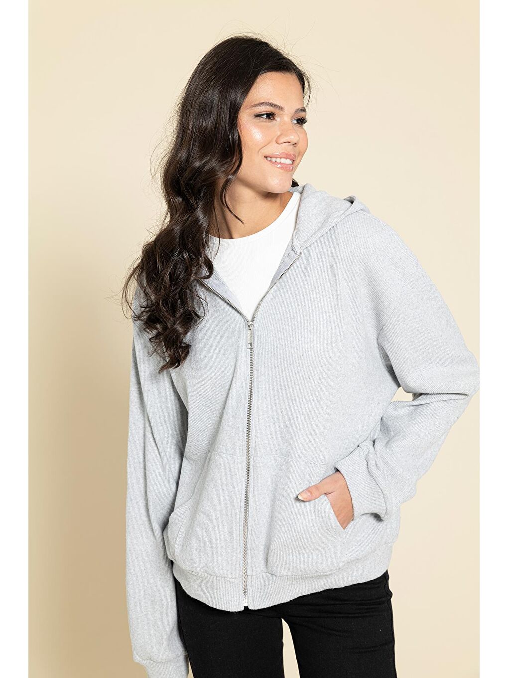 Oversize Fermuarlı Cepli Gri Sweatshirt-1