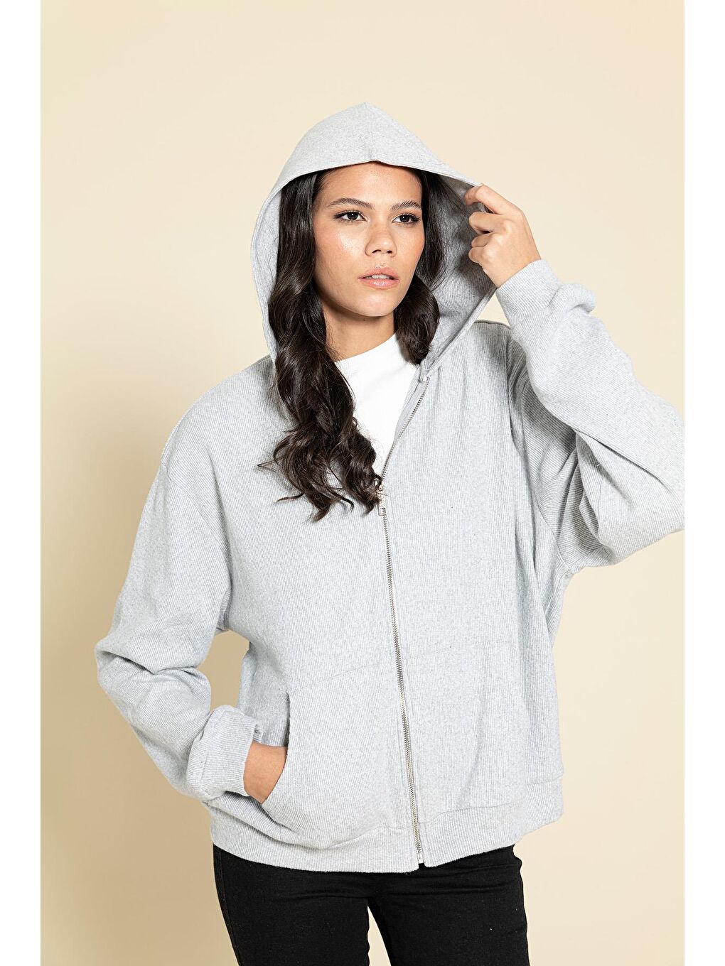 Oversize Fermuarlı Cepli Gri Sweatshirt-2