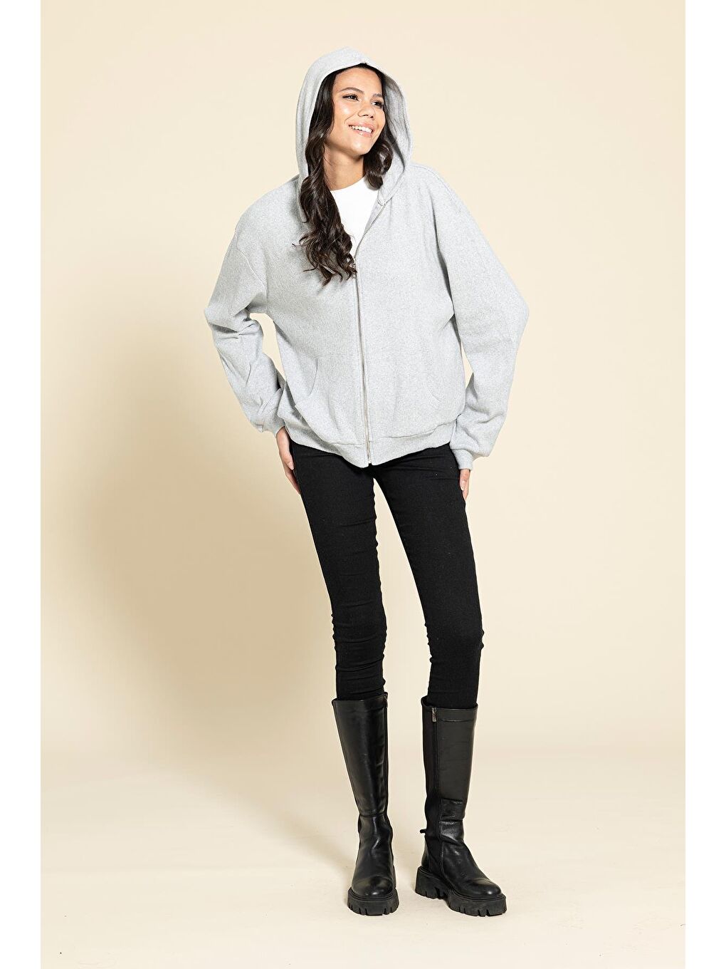 Oversize Fermuarlı Cepli Gri Sweatshirt-3