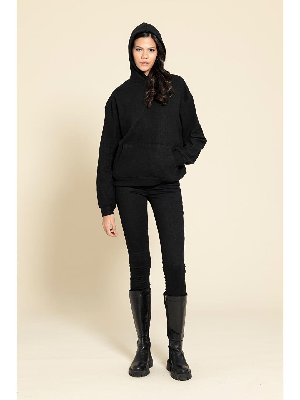 Oversize Kanguru Cepli Siyah Sweatshirt