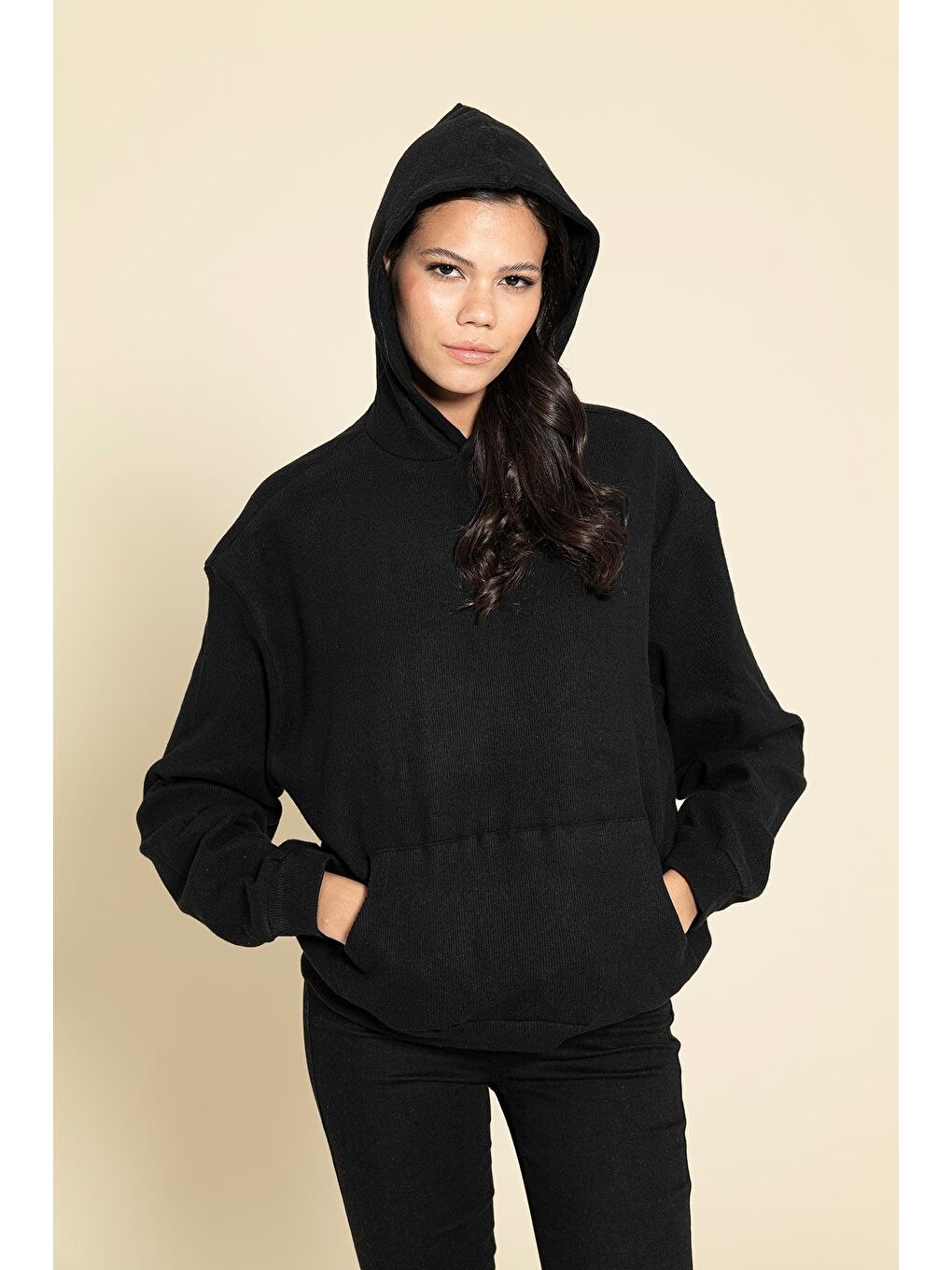Oversize Kanguru Cepli Siyah Sweatshirt-3